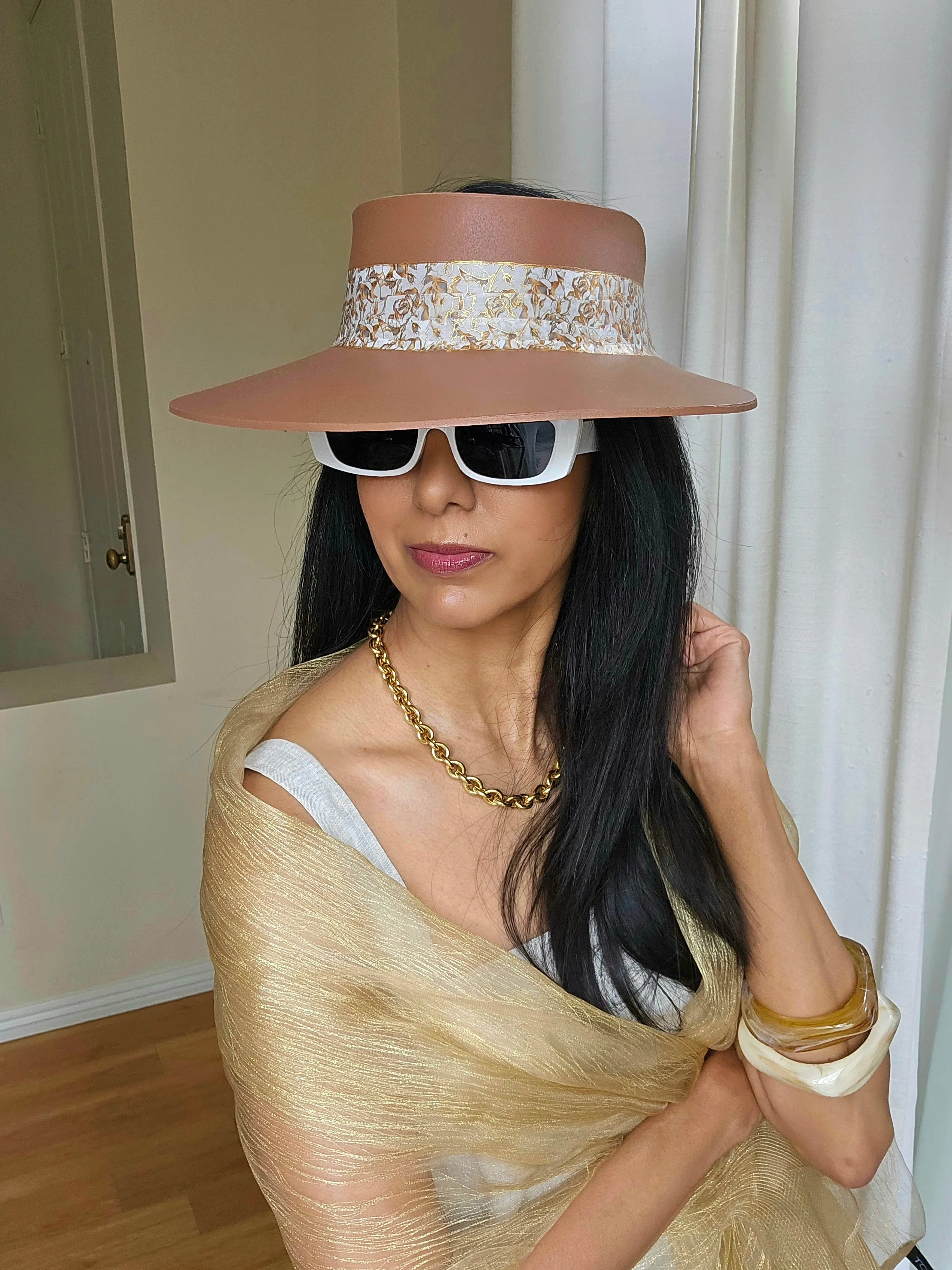 Tall Brown "LadyEVA" Visor Hat with Elegant Gold and White Floral Band