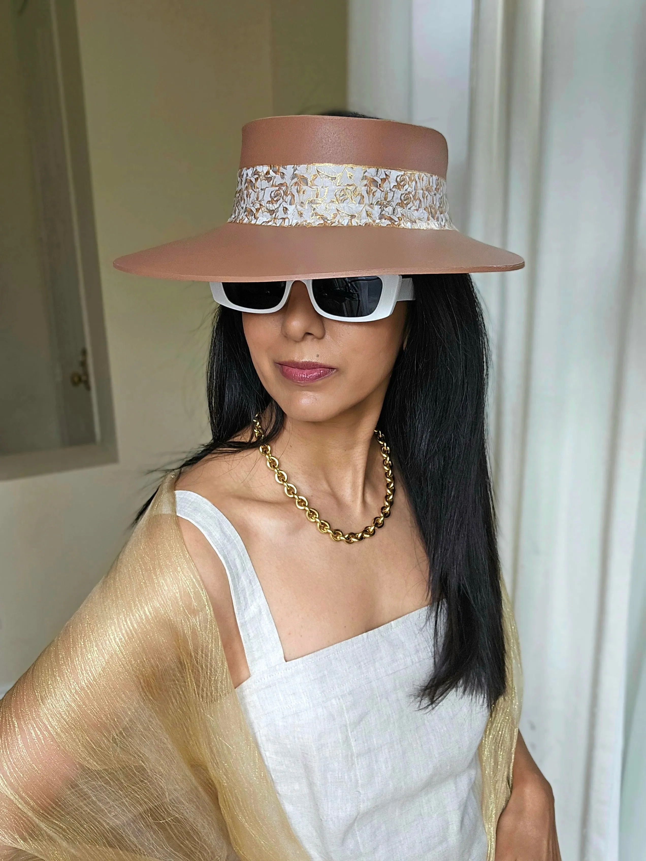 Tall Brown "LadyEVA" Visor Hat with Elegant Gold and White Floral Band