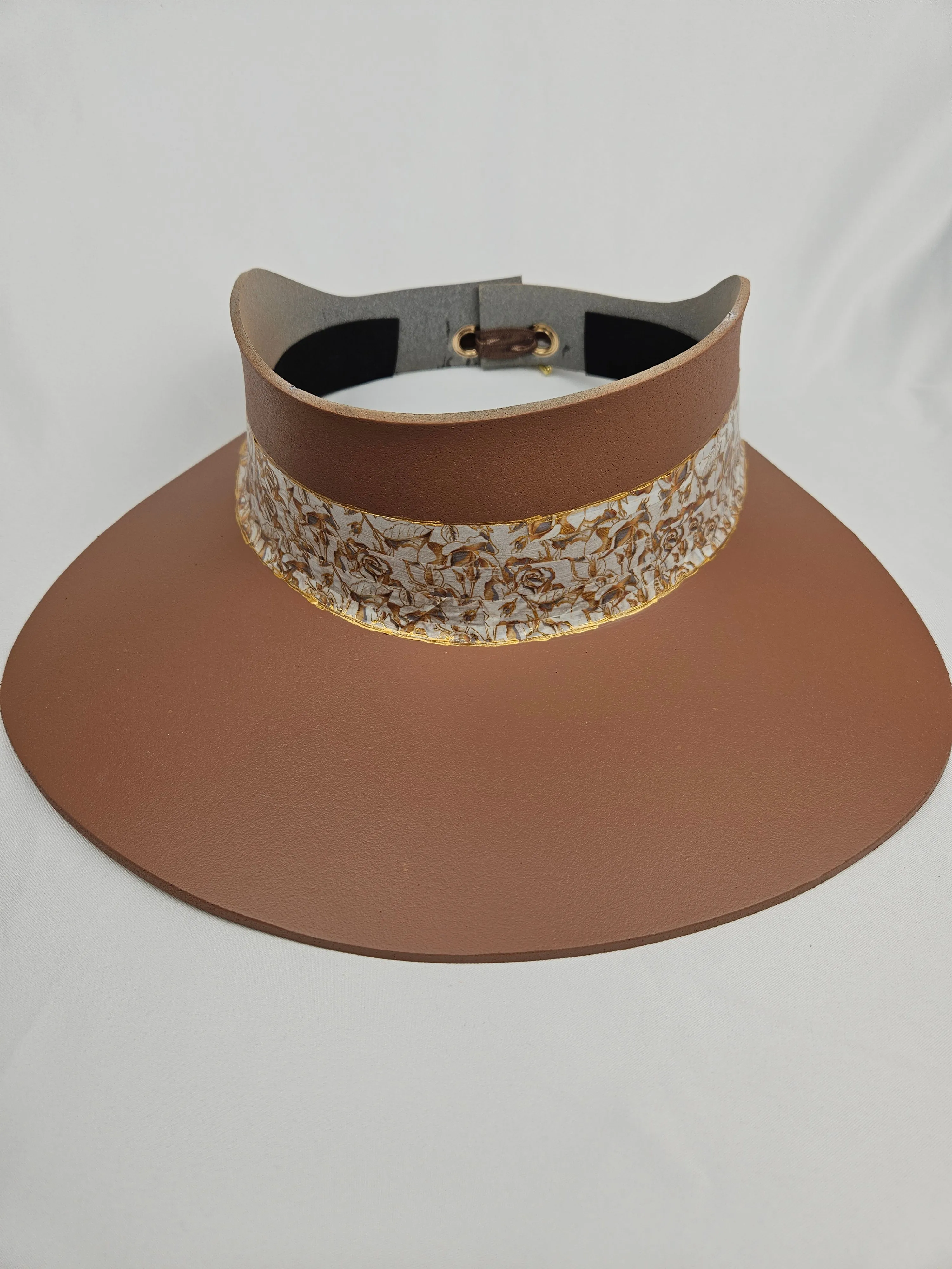 Tall Brown "LadyEVA" Visor Hat with Elegant Gold and White Floral Band