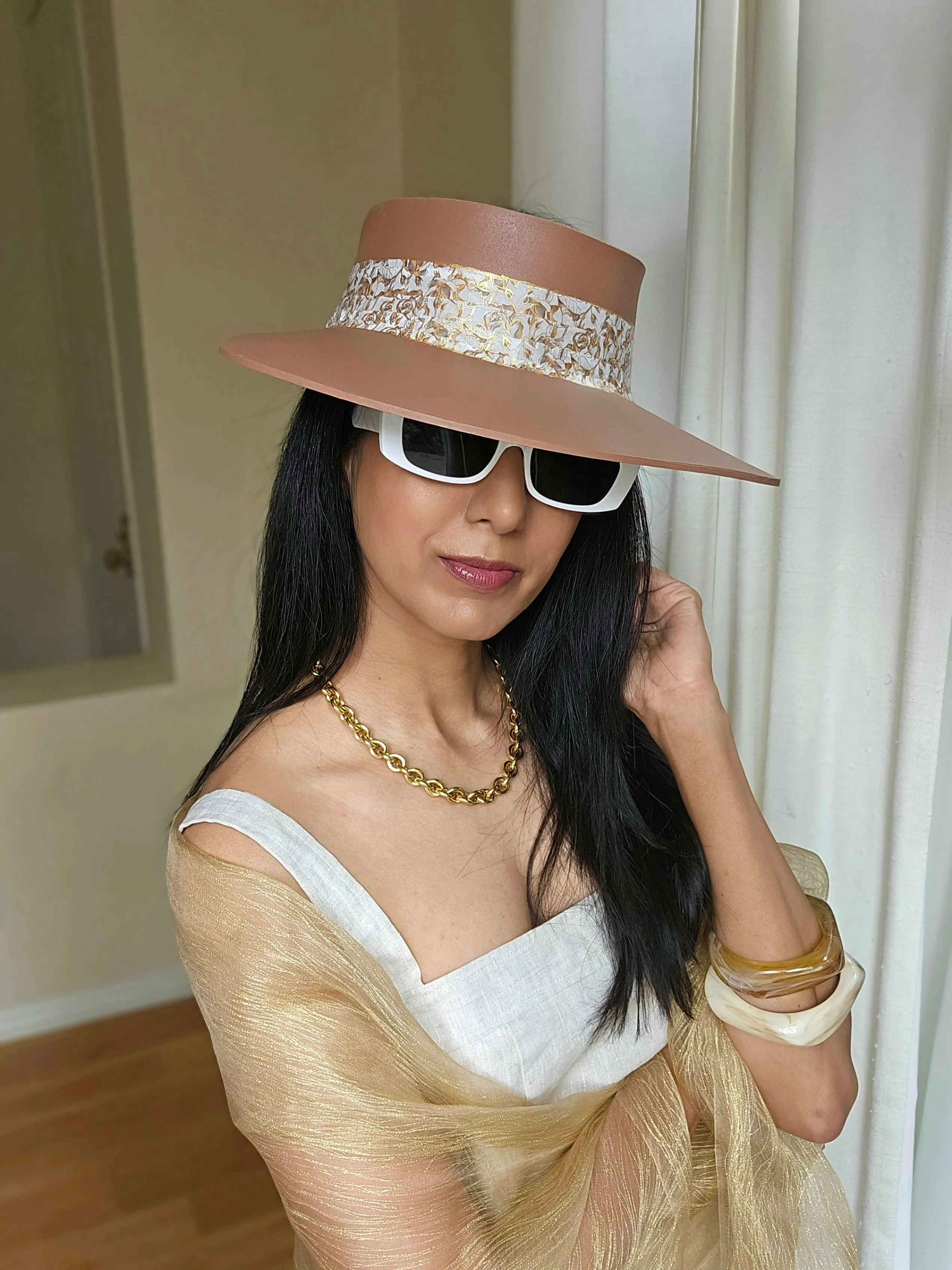 Tall Brown "LadyEVA" Visor Hat with Elegant Gold and White Floral Band