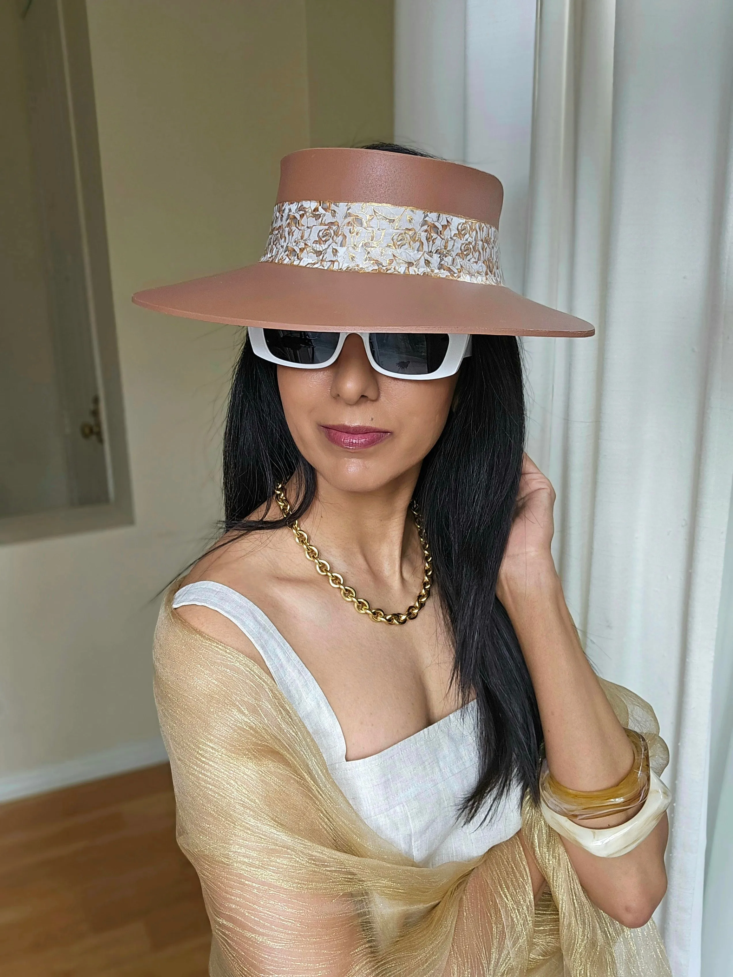 Tall Brown "LadyEVA" Visor Hat with Elegant Gold and White Floral Band