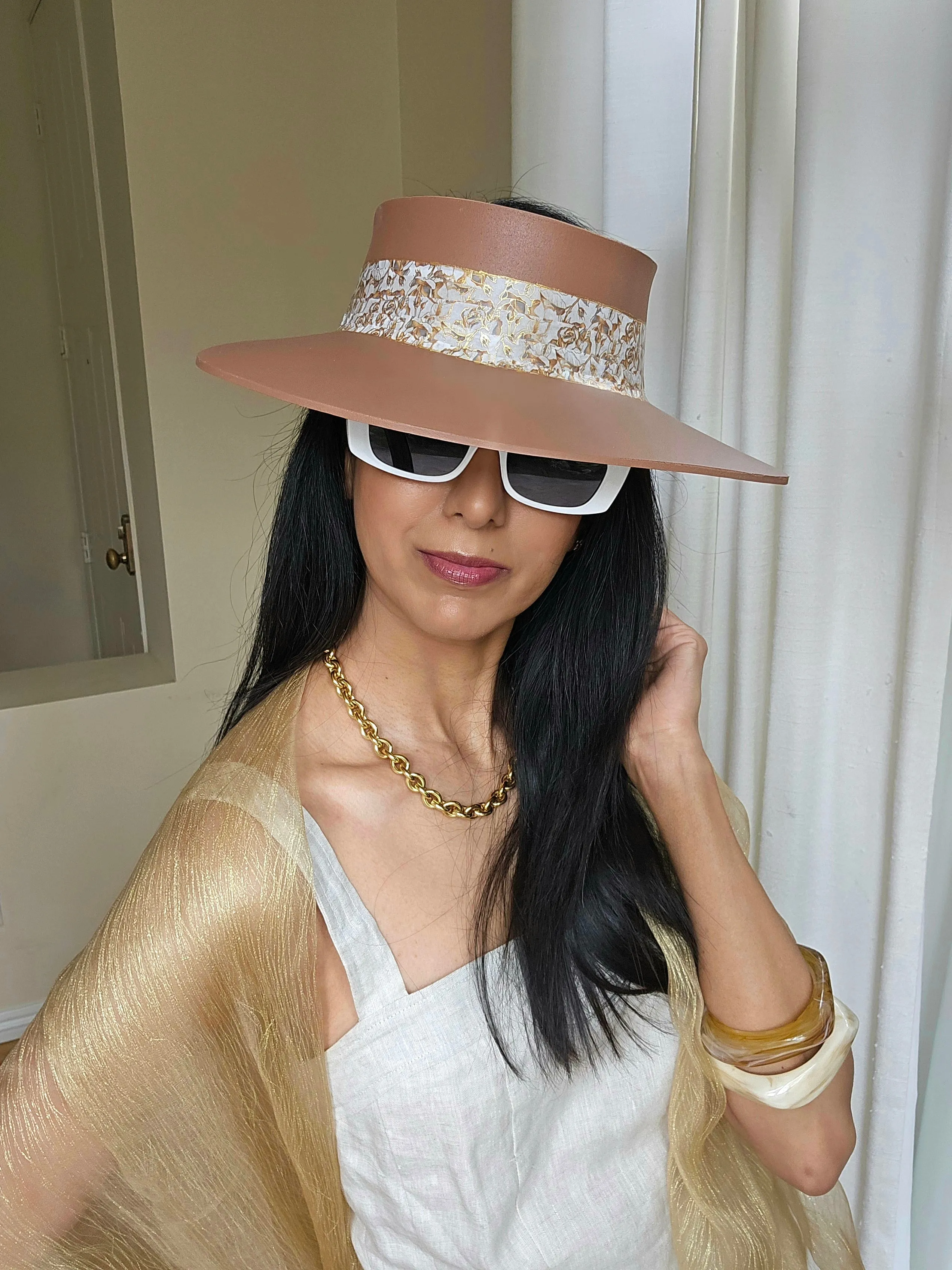 Tall Brown "LadyEVA" Visor Hat with Elegant Gold and White Floral Band