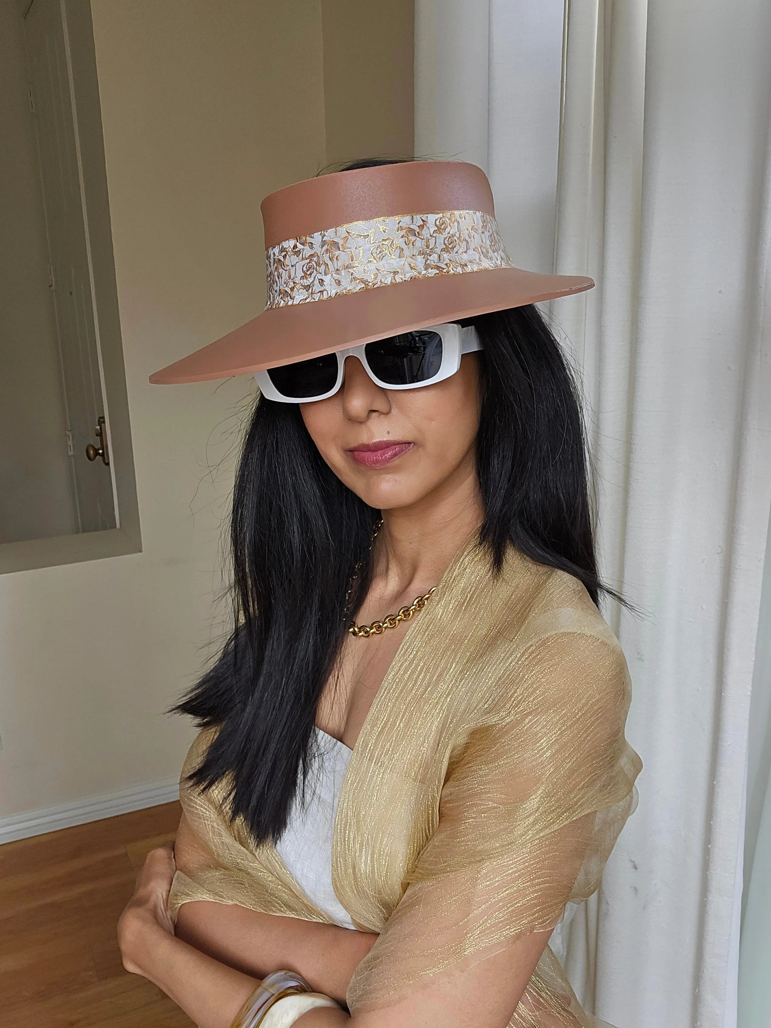 Tall Brown "LadyEVA" Visor Hat with Elegant Gold and White Floral Band