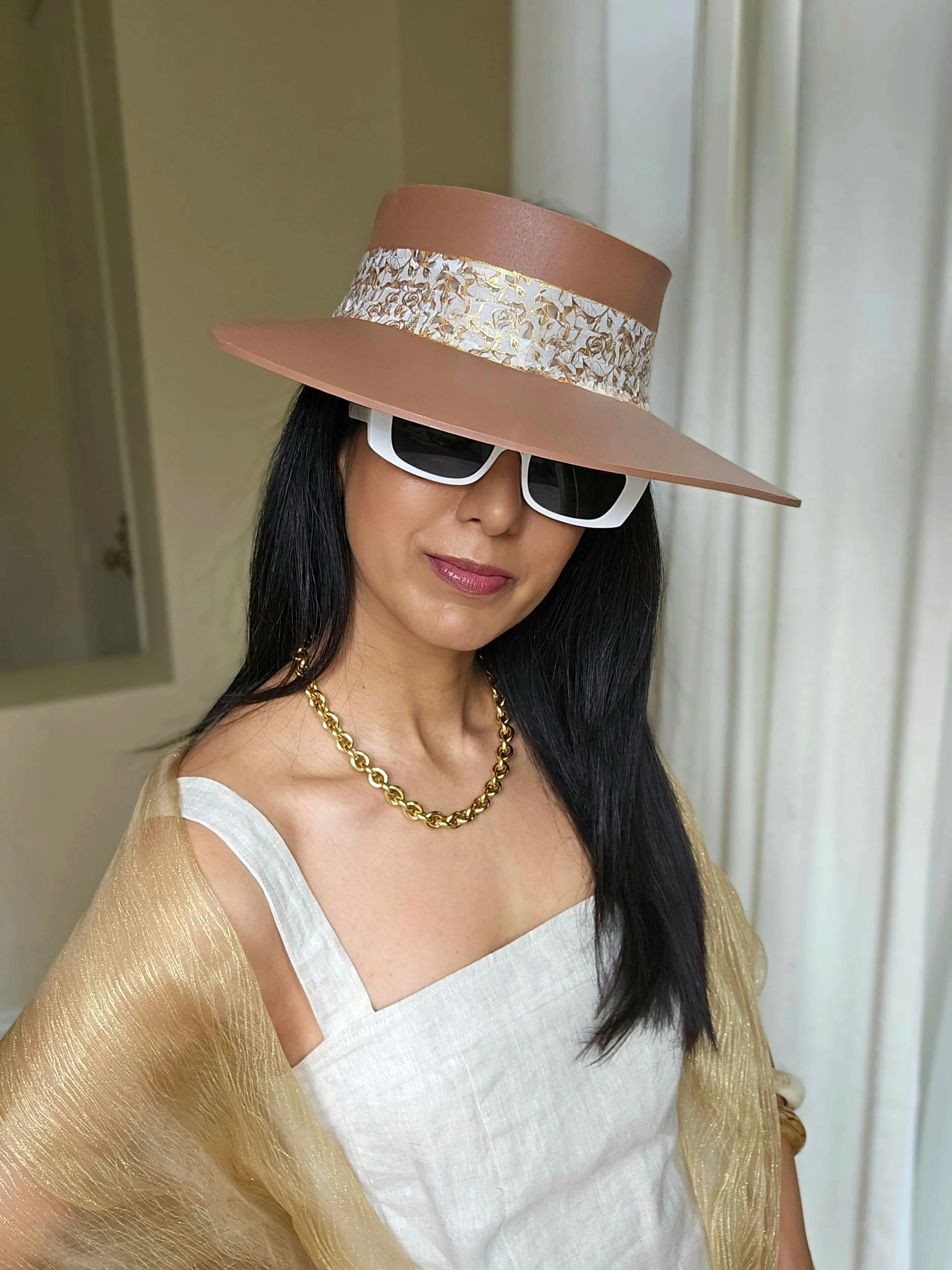 Tall Brown "LadyEVA" Visor Hat with Elegant Gold and White Floral Band