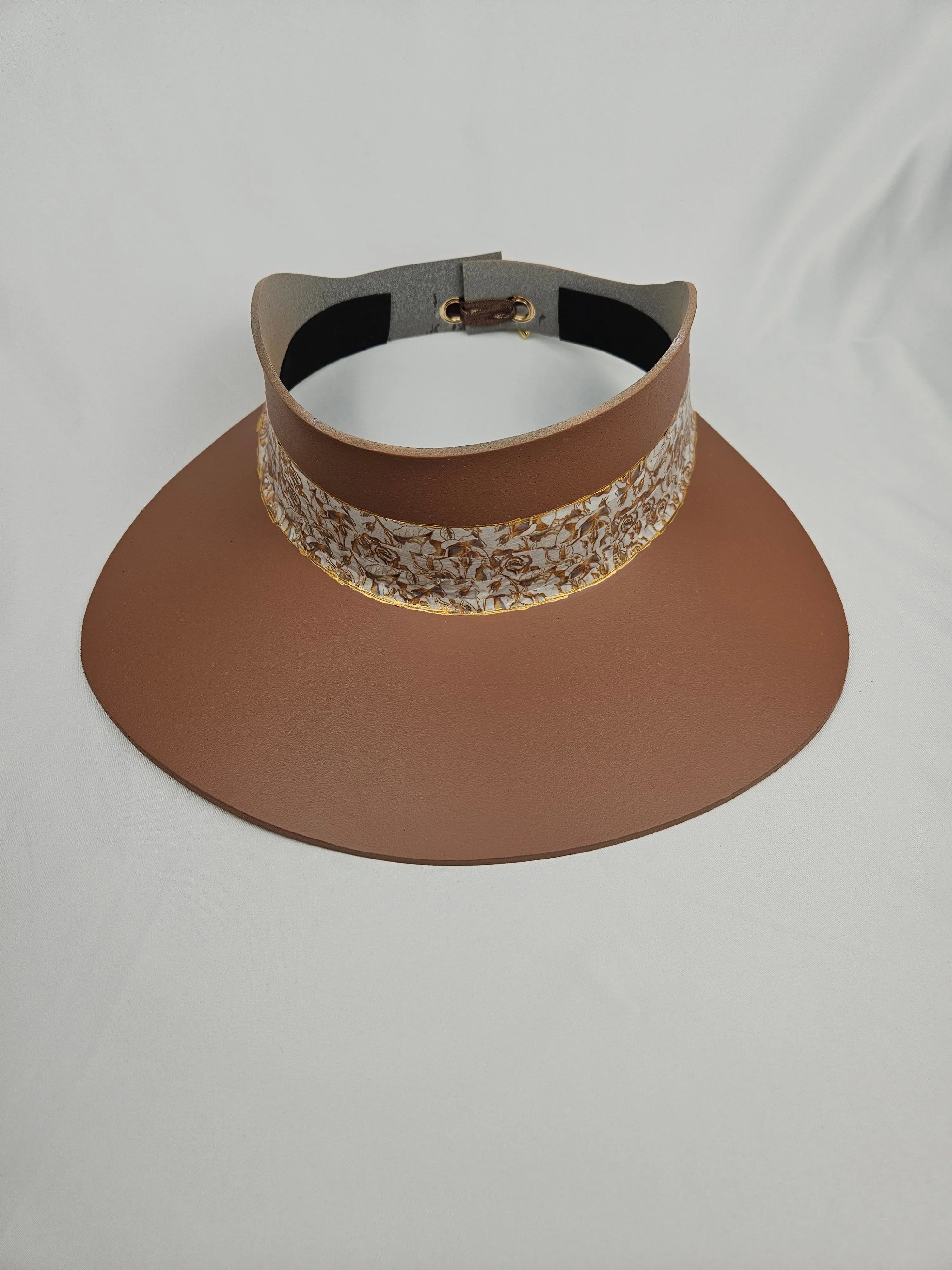 Tall Brown "LadyEVA" Visor Hat with Elegant Gold and White Floral Band