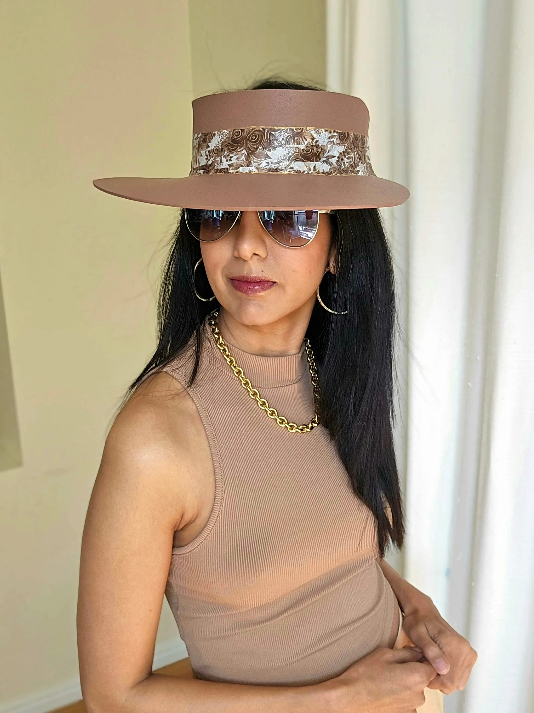 Tall Brown "LadyEVA" Visor Hat with Floral Band