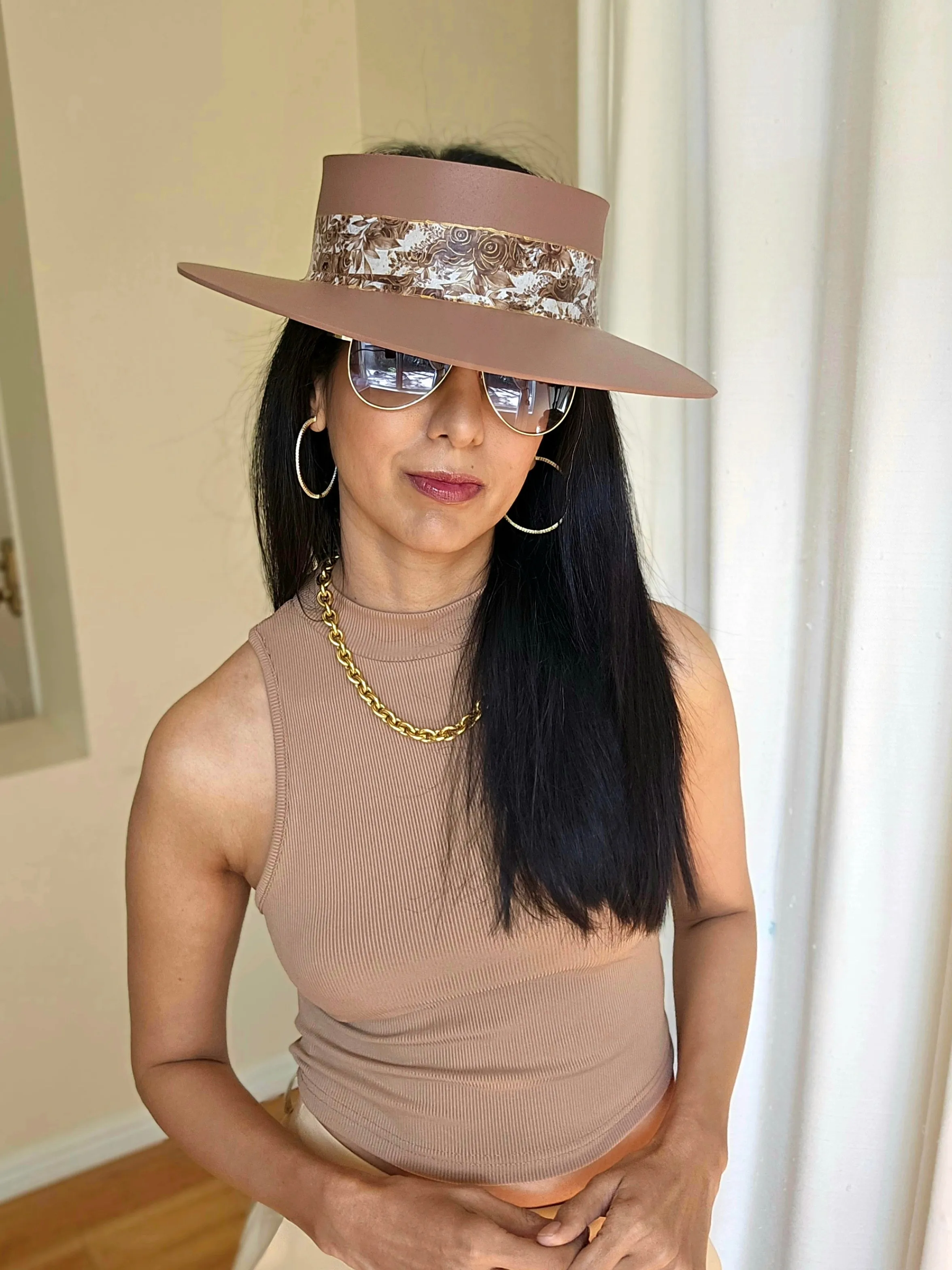 Tall Brown "LadyEVA" Visor Hat with Floral Band