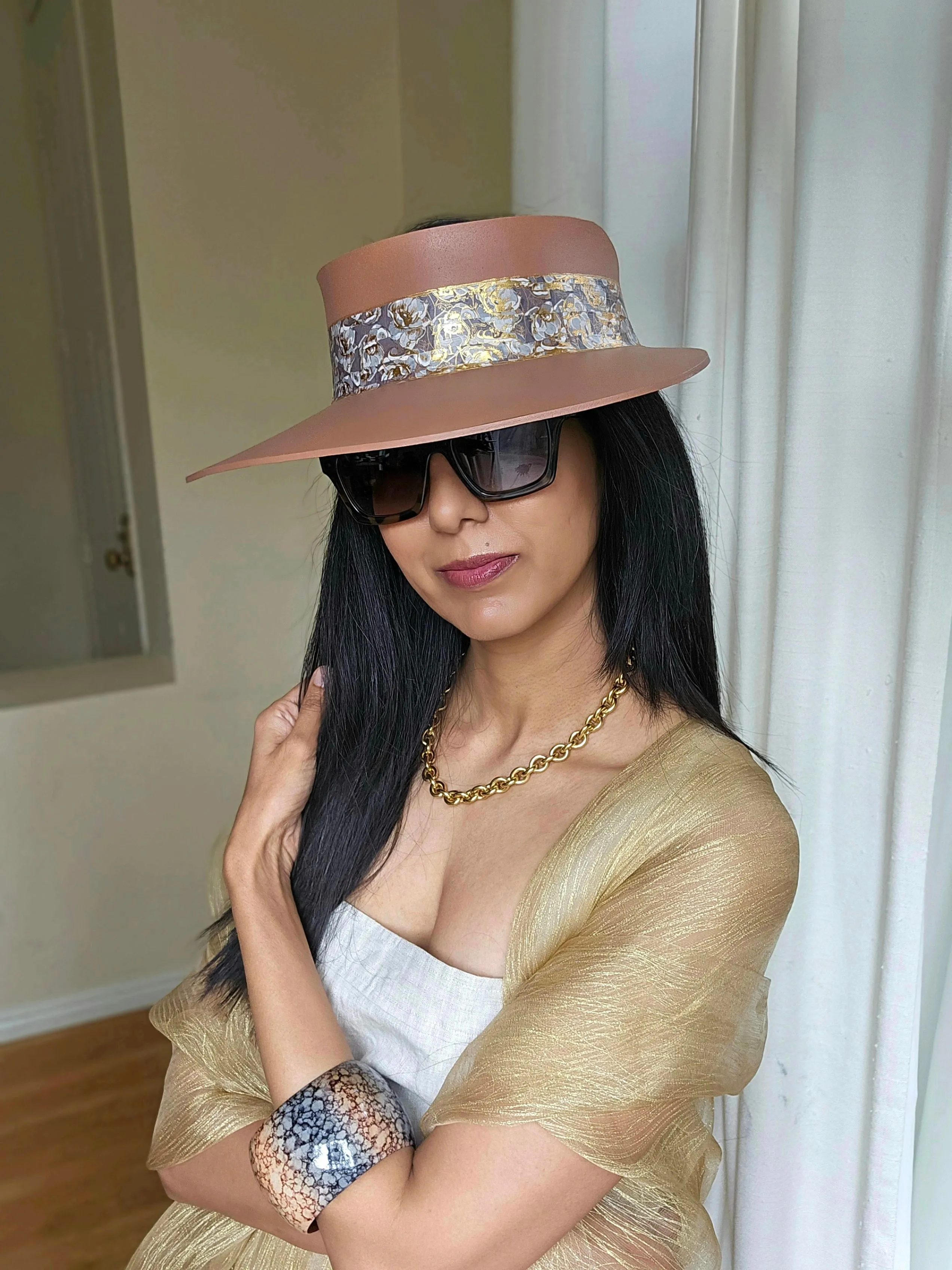 Tall Brown "LadyEVA" Visor Hat with Gray and Gold Floral Band