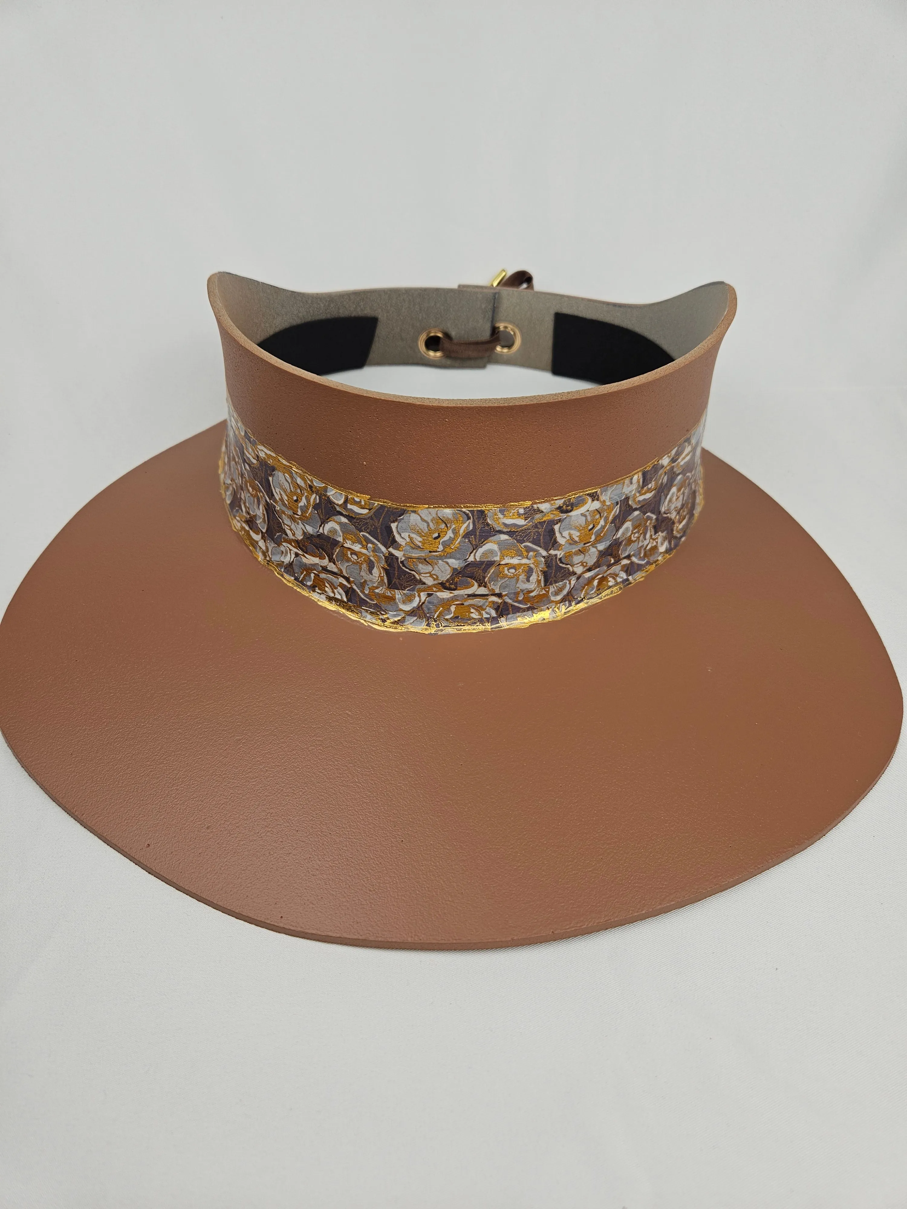 Tall Brown "LadyEVA" Visor Hat with Gray and Gold Floral Band