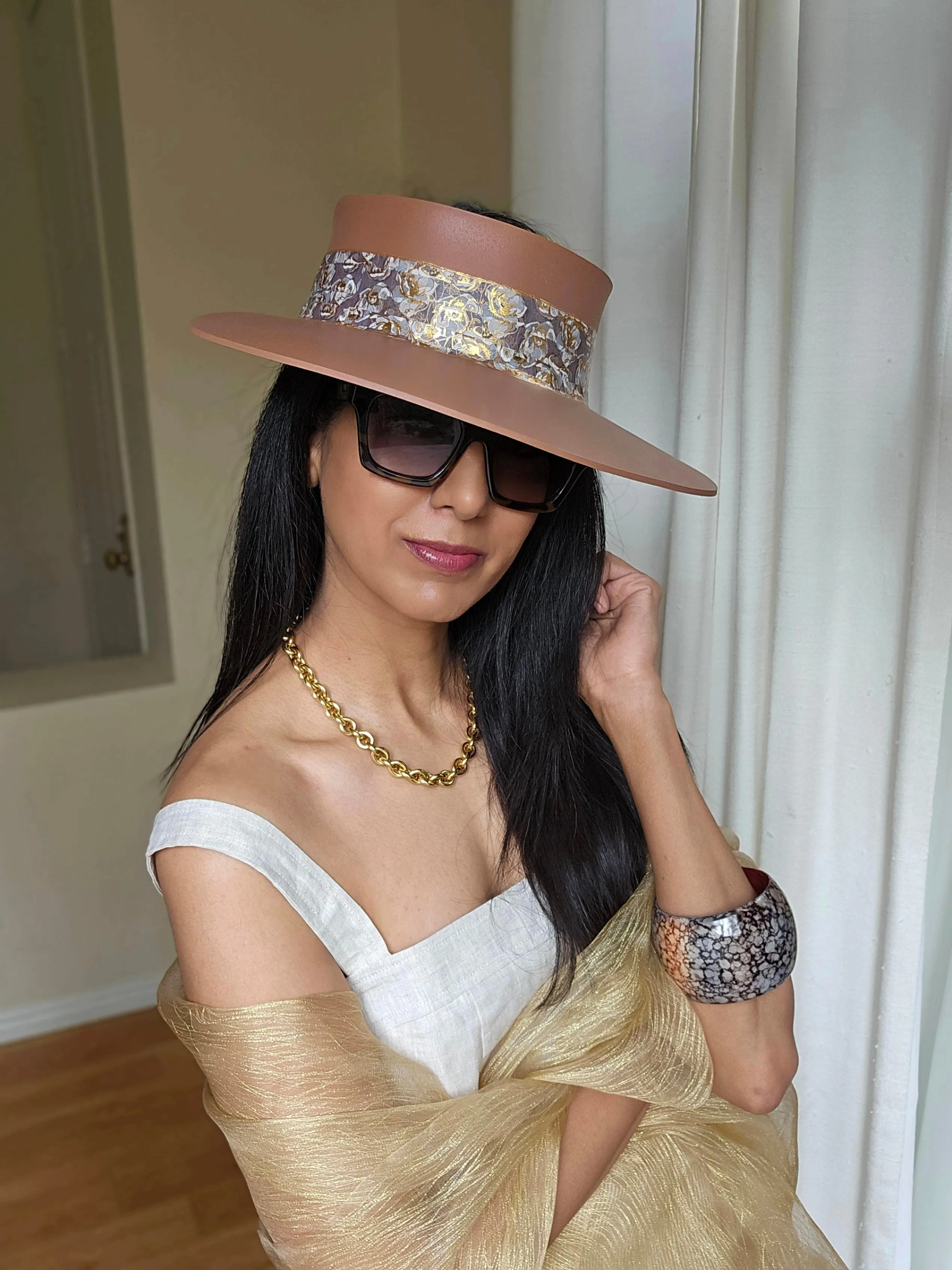 Tall Brown "LadyEVA" Visor Hat with Gray and Gold Floral Band