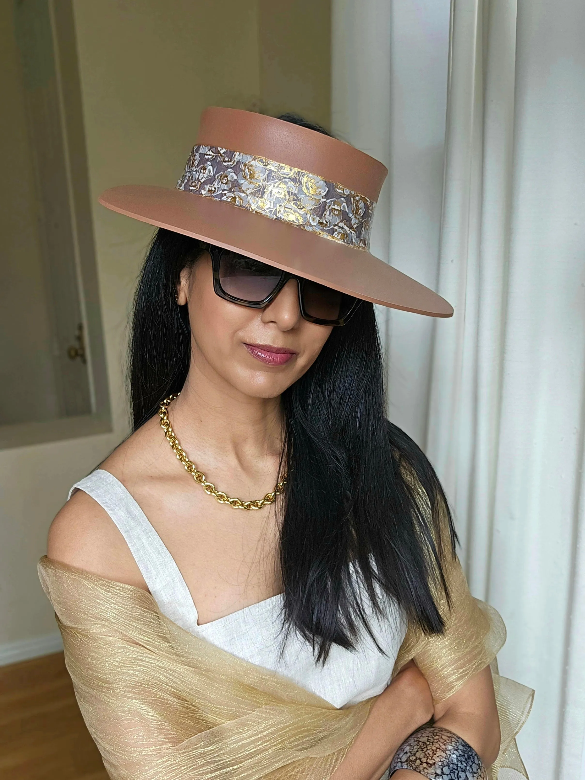 Tall Brown "LadyEVA" Visor Hat with Gray and Gold Floral Band