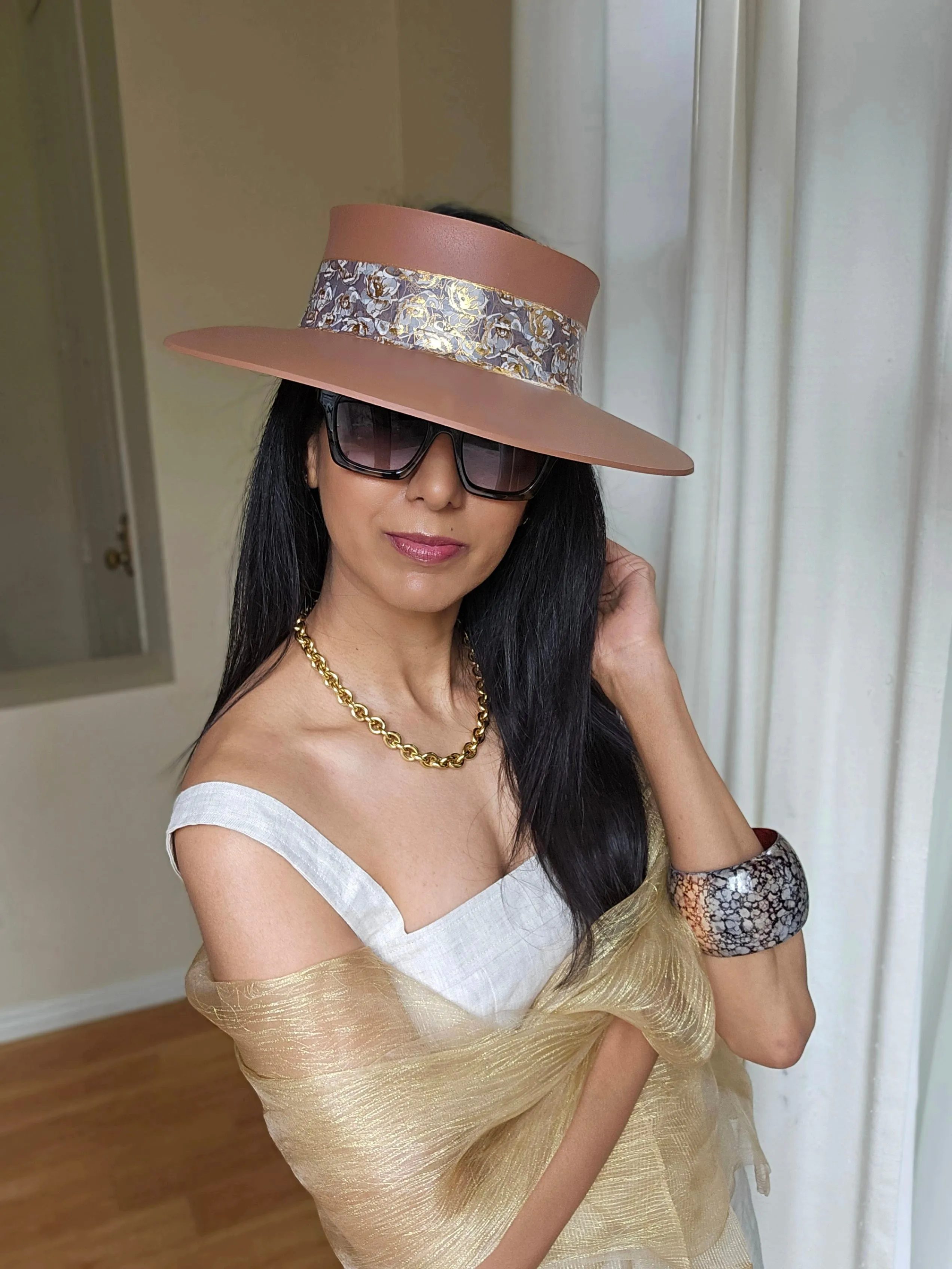 Tall Brown "LadyEVA" Visor Hat with Gray and Gold Floral Band