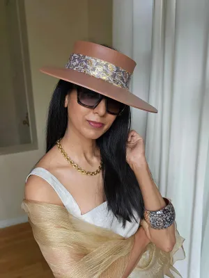 Tall Brown "LadyEVA" Visor Hat with Gray and Gold Floral Band