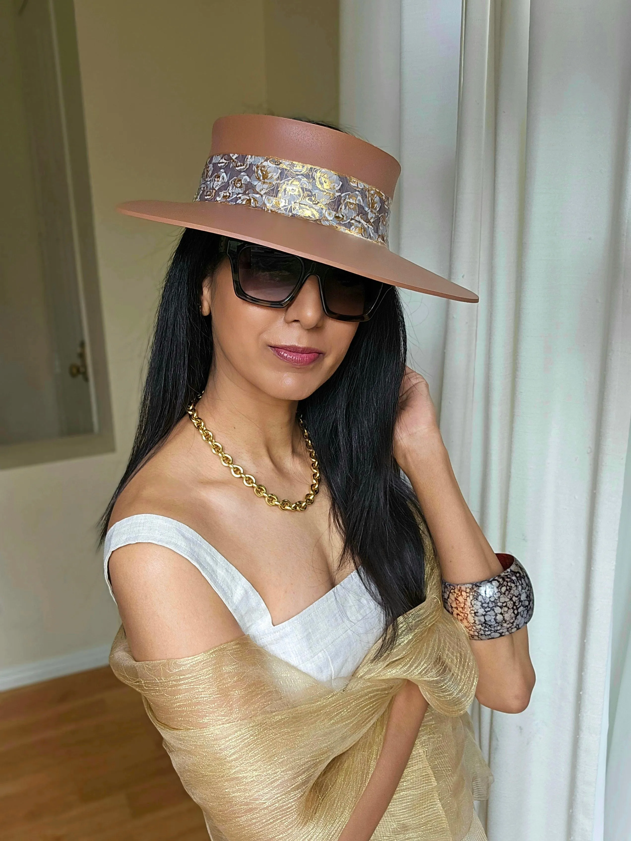 Tall Brown "LadyEVA" Visor Hat with Gray and Gold Floral Band