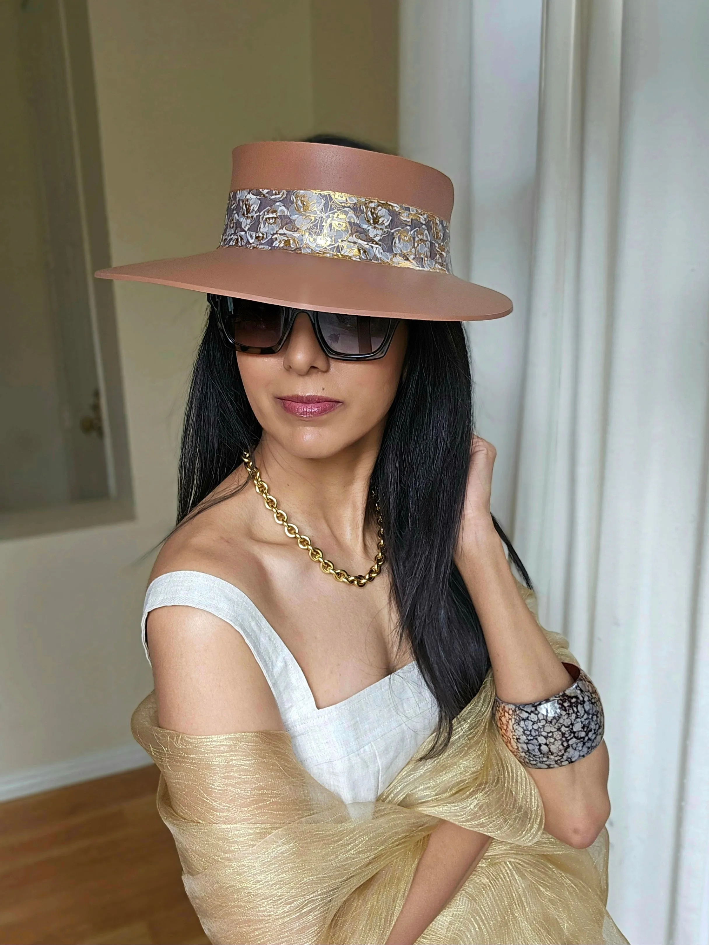 Tall Brown "LadyEVA" Visor Hat with Gray and Gold Floral Band