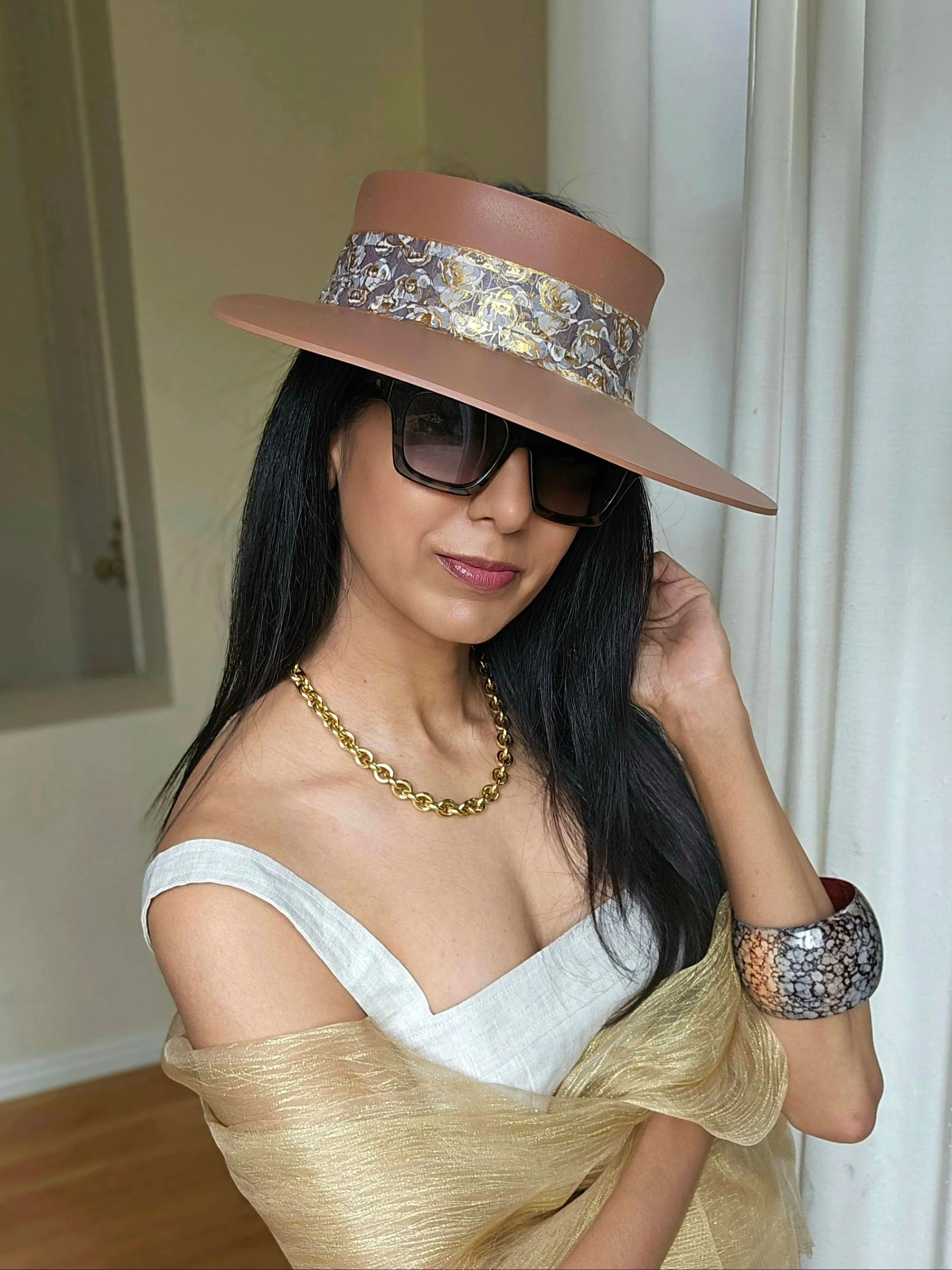 Tall Brown "LadyEVA" Visor Hat with Gray and Gold Floral Band