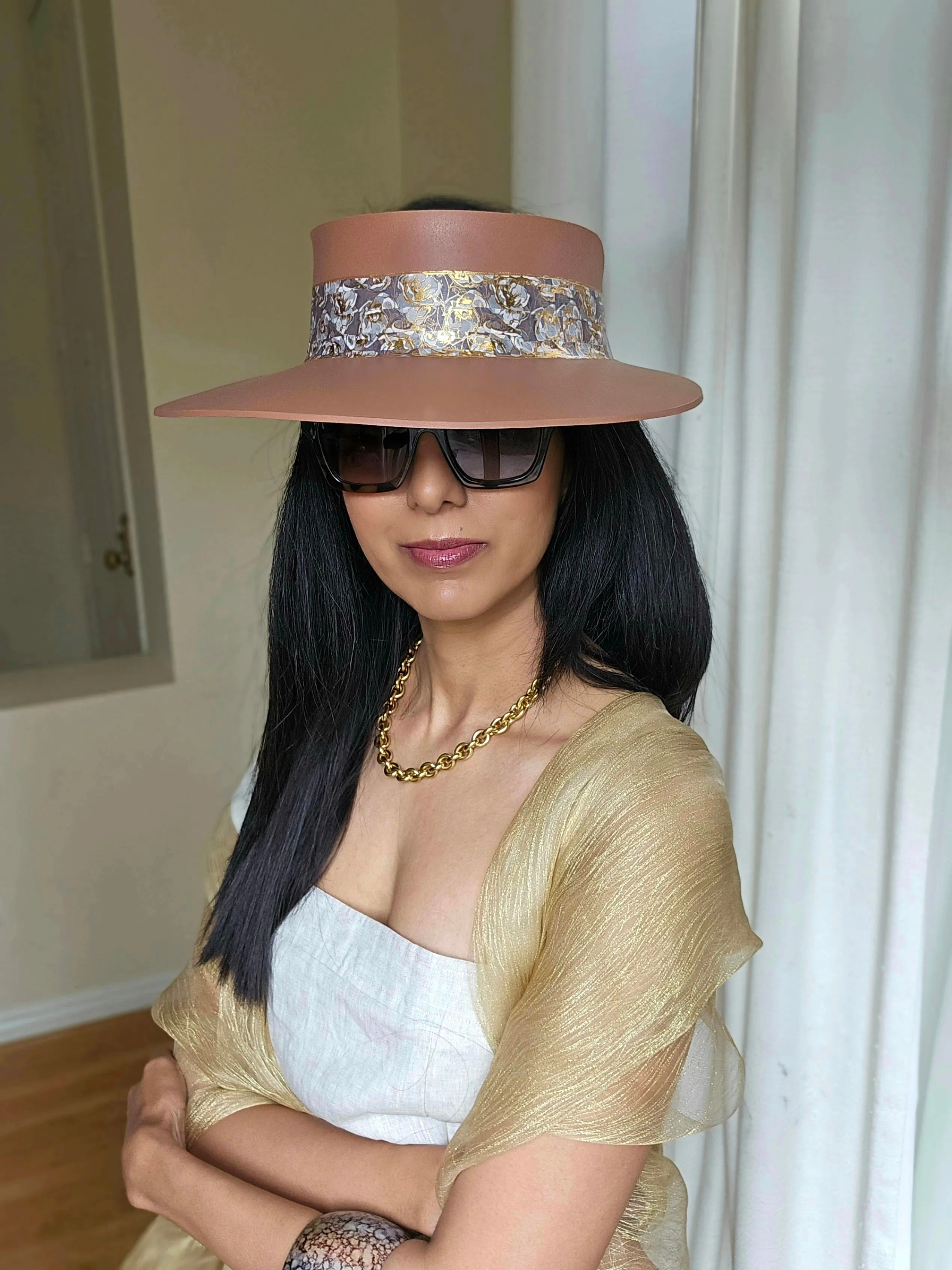 Tall Brown "LadyEVA" Visor Hat with Gray and Gold Floral Band