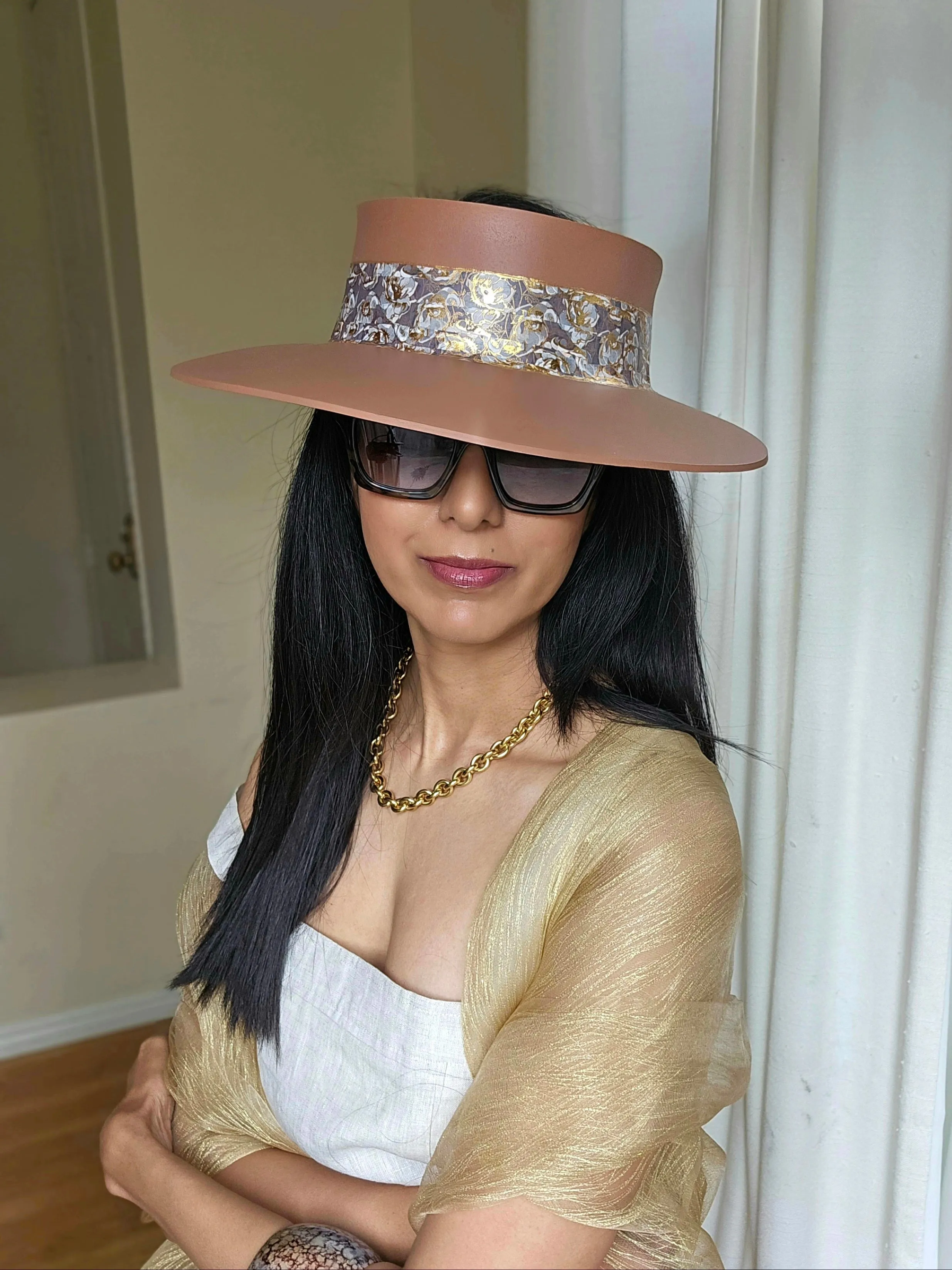 Tall Brown "LadyEVA" Visor Hat with Gray and Gold Floral Band