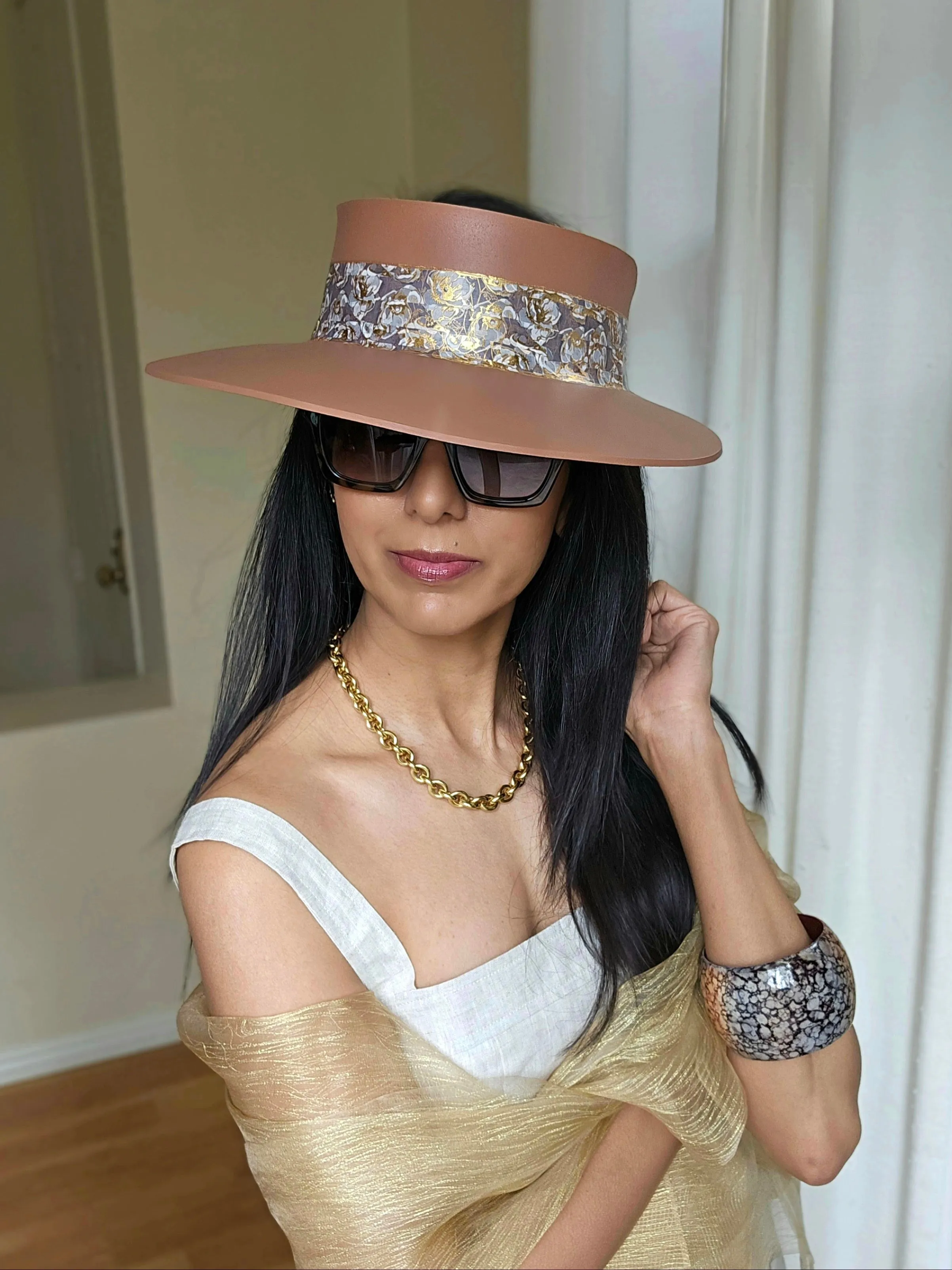 Tall Brown "LadyEVA" Visor Hat with Gray and Gold Floral Band