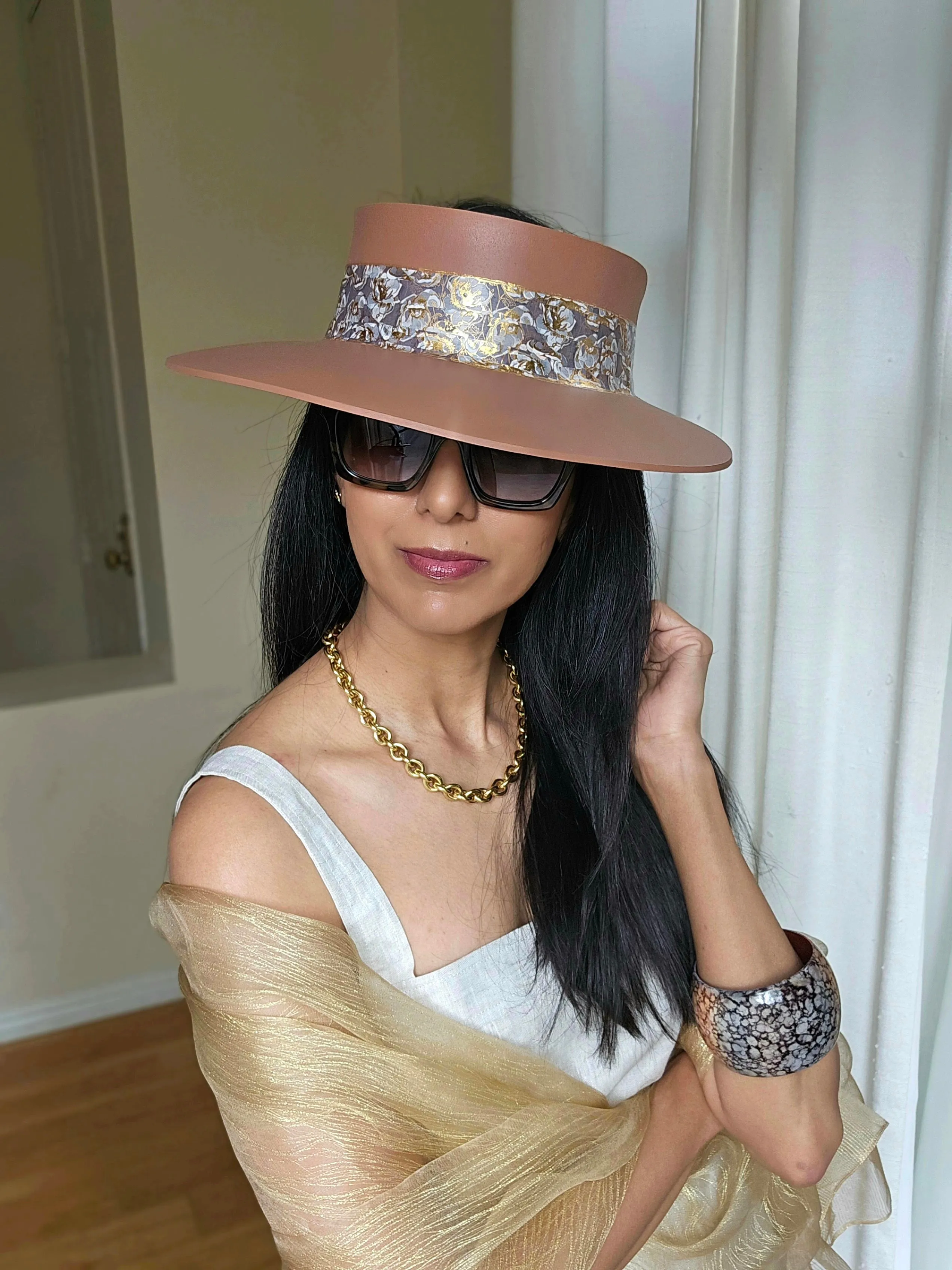 Tall Brown "LadyEVA" Visor Hat with Gray and Gold Floral Band