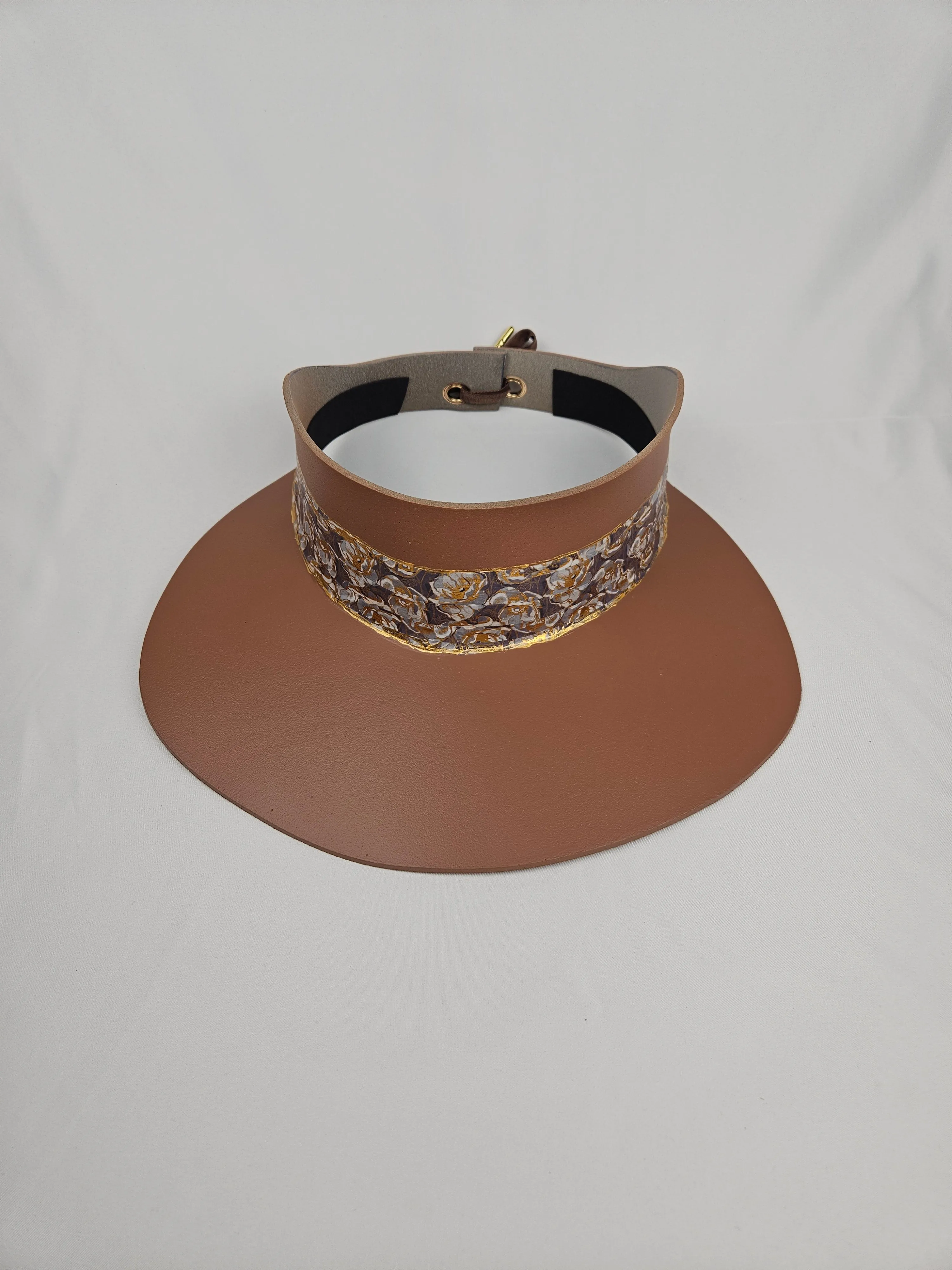 Tall Brown "LadyEVA" Visor Hat with Gray and Gold Floral Band