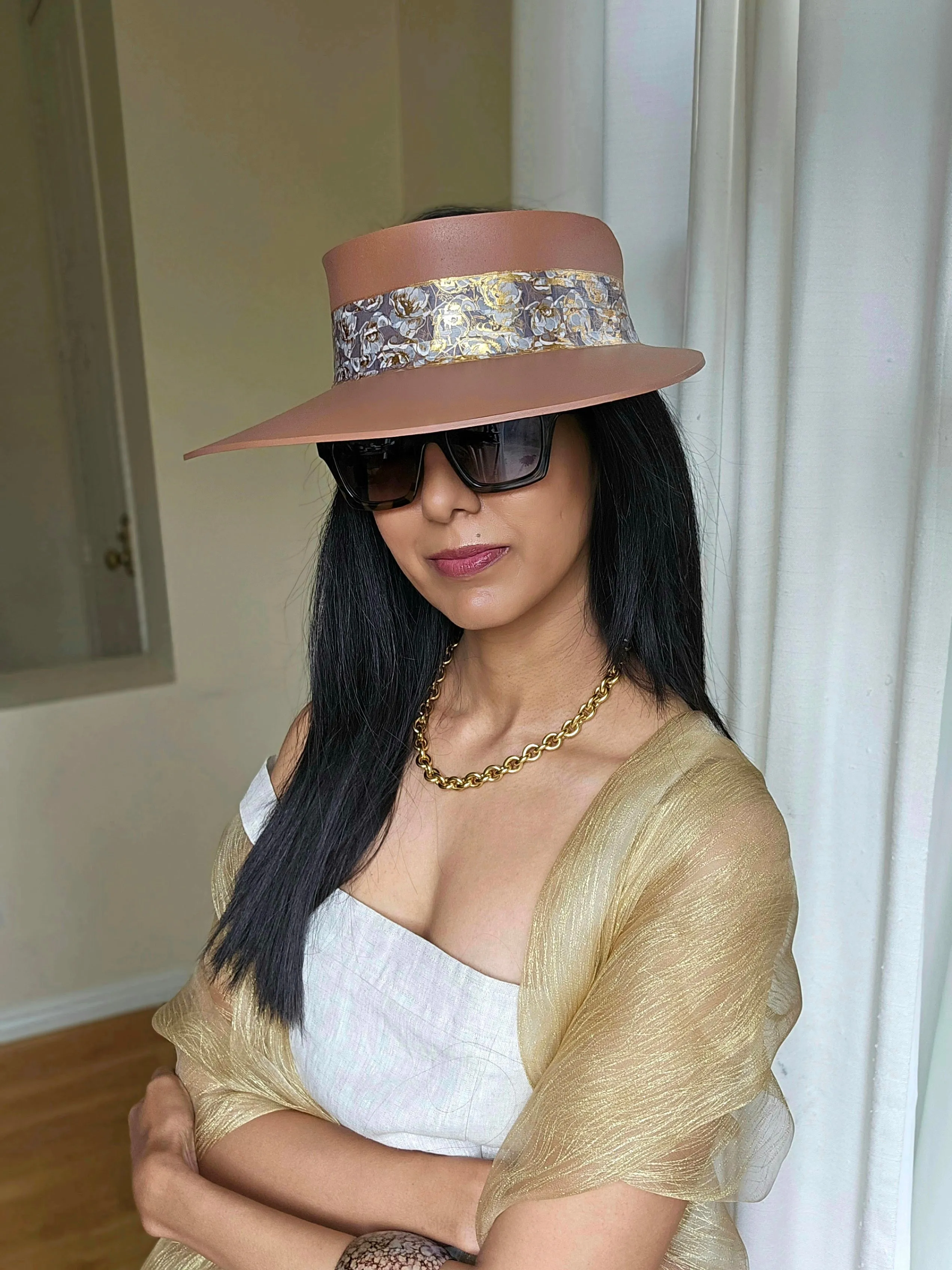 Tall Brown "LadyEVA" Visor Hat with Gray and Gold Floral Band