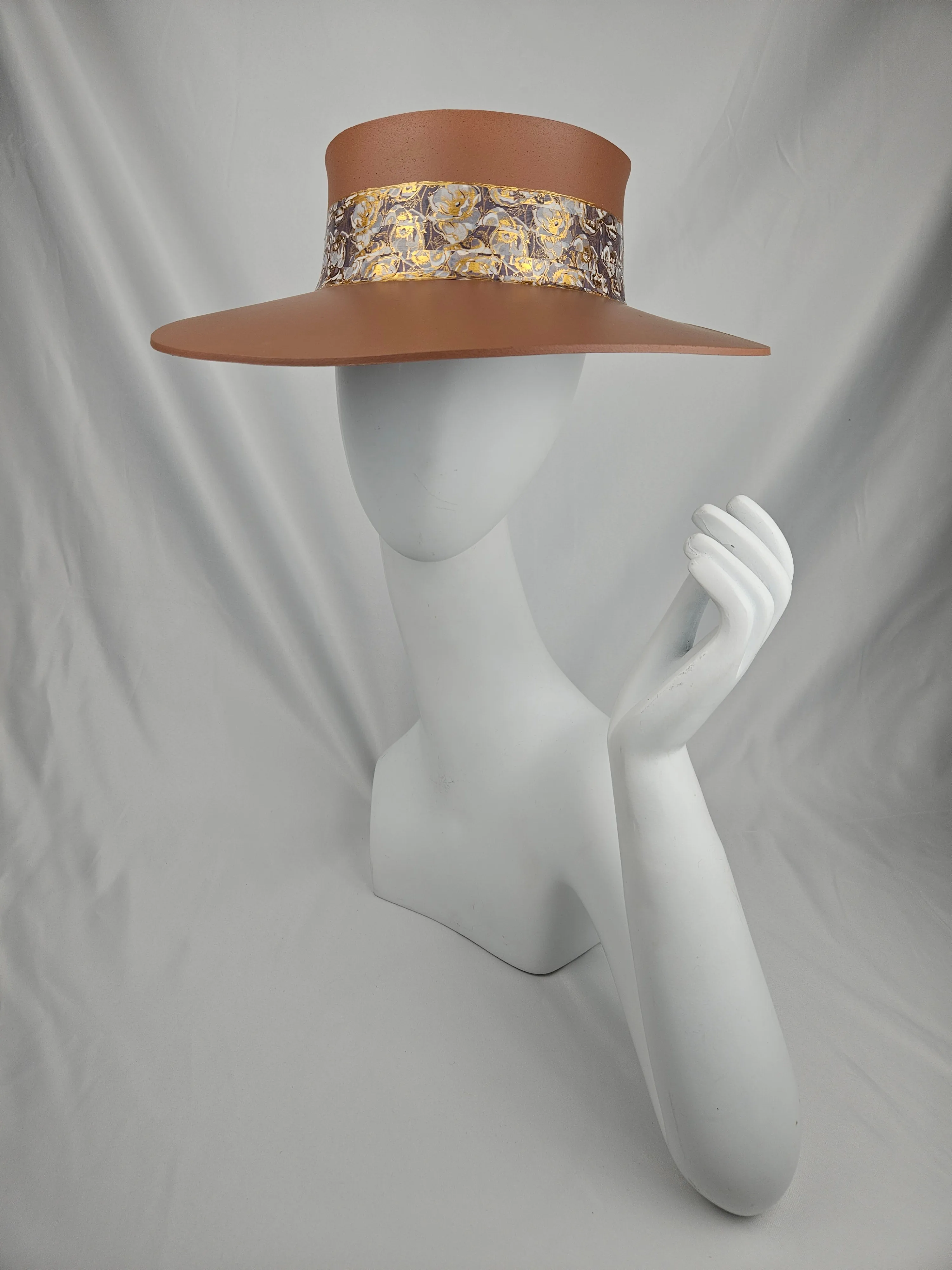 Tall Brown "LadyEVA" Visor Hat with Gray and Gold Floral Band