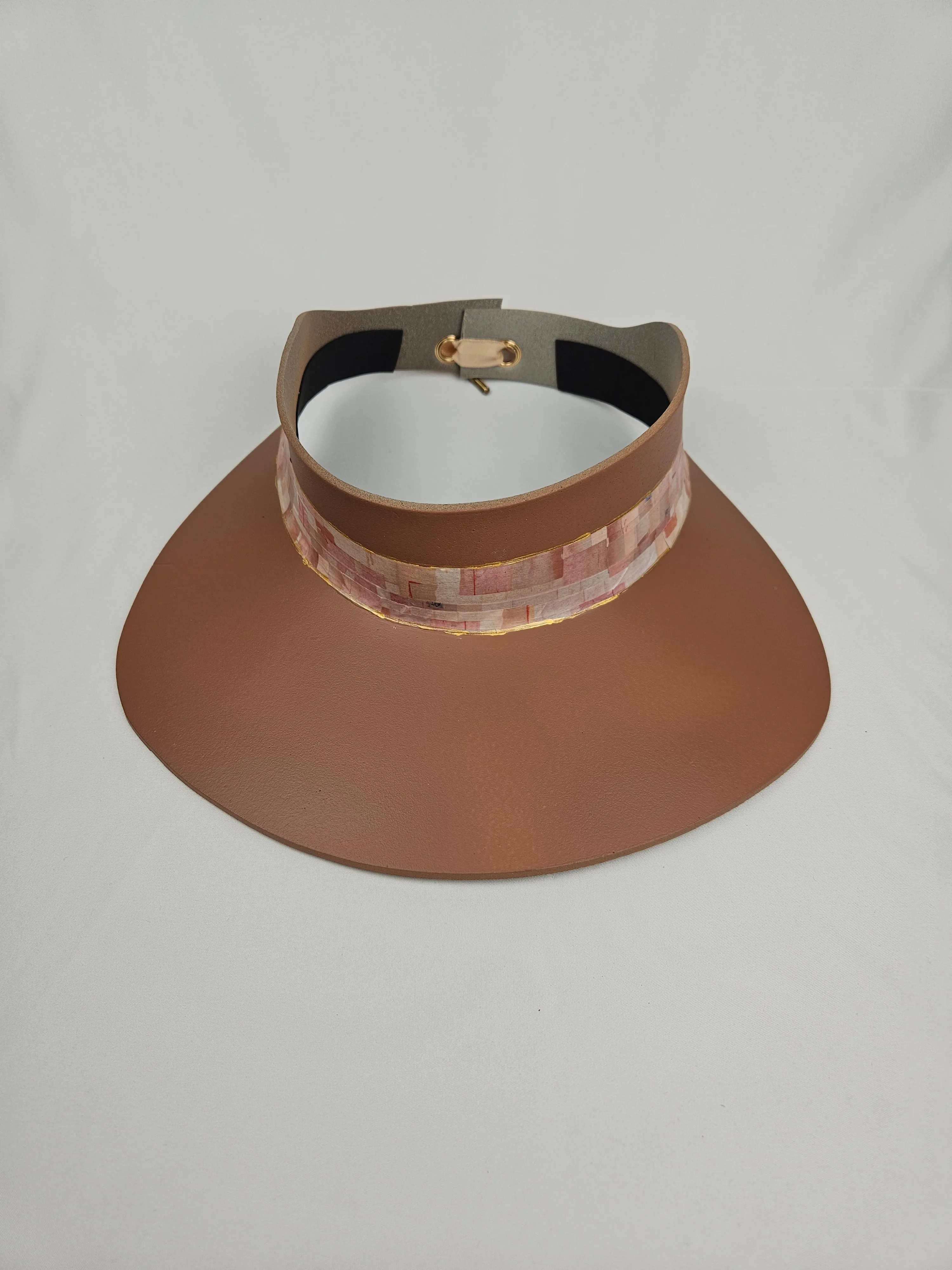 Tall Brown "LadyEVA" Visor Hat with Pale Pink Collage Style Band