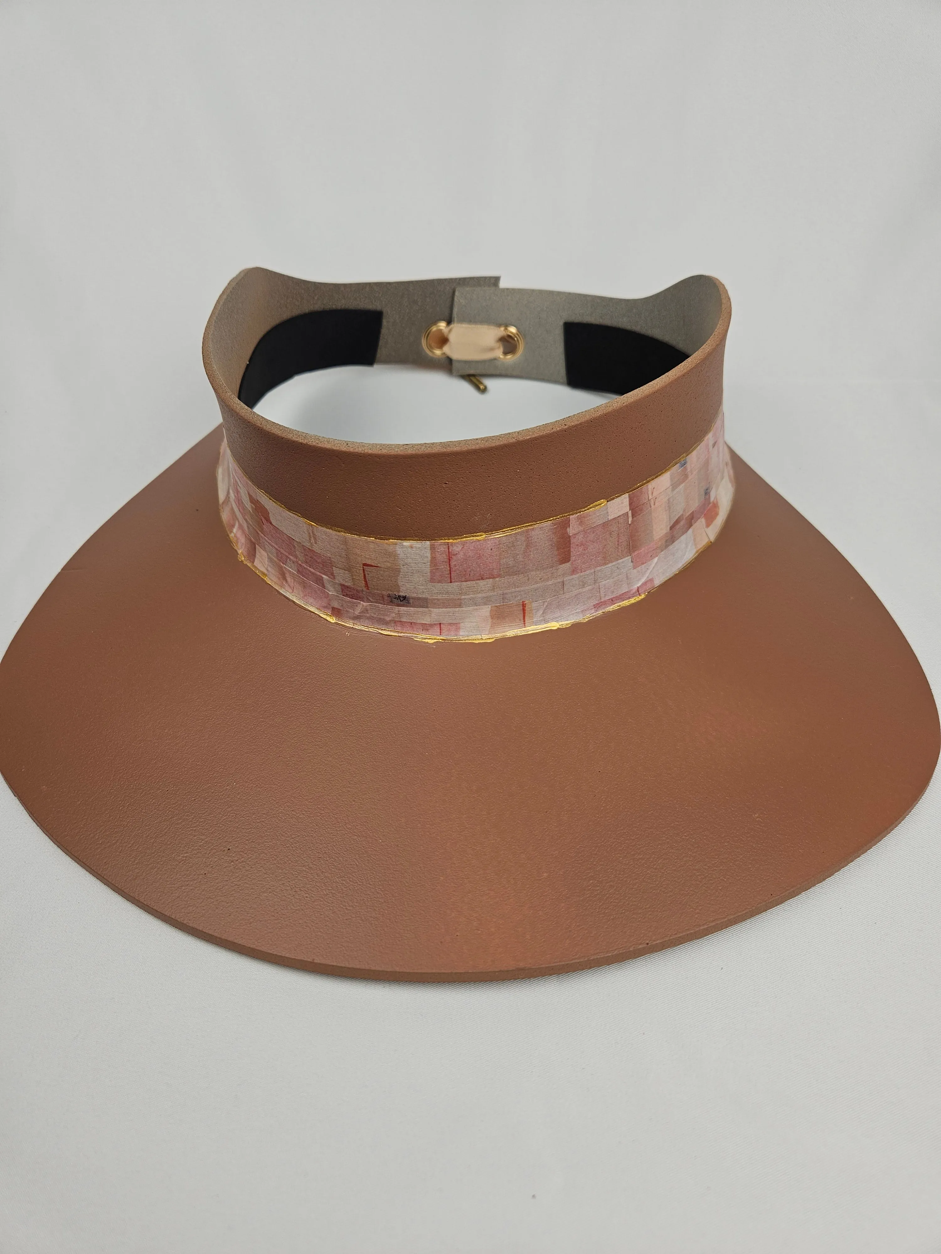 Tall Brown "LadyEVA" Visor Hat with Pale Pink Collage Style Band