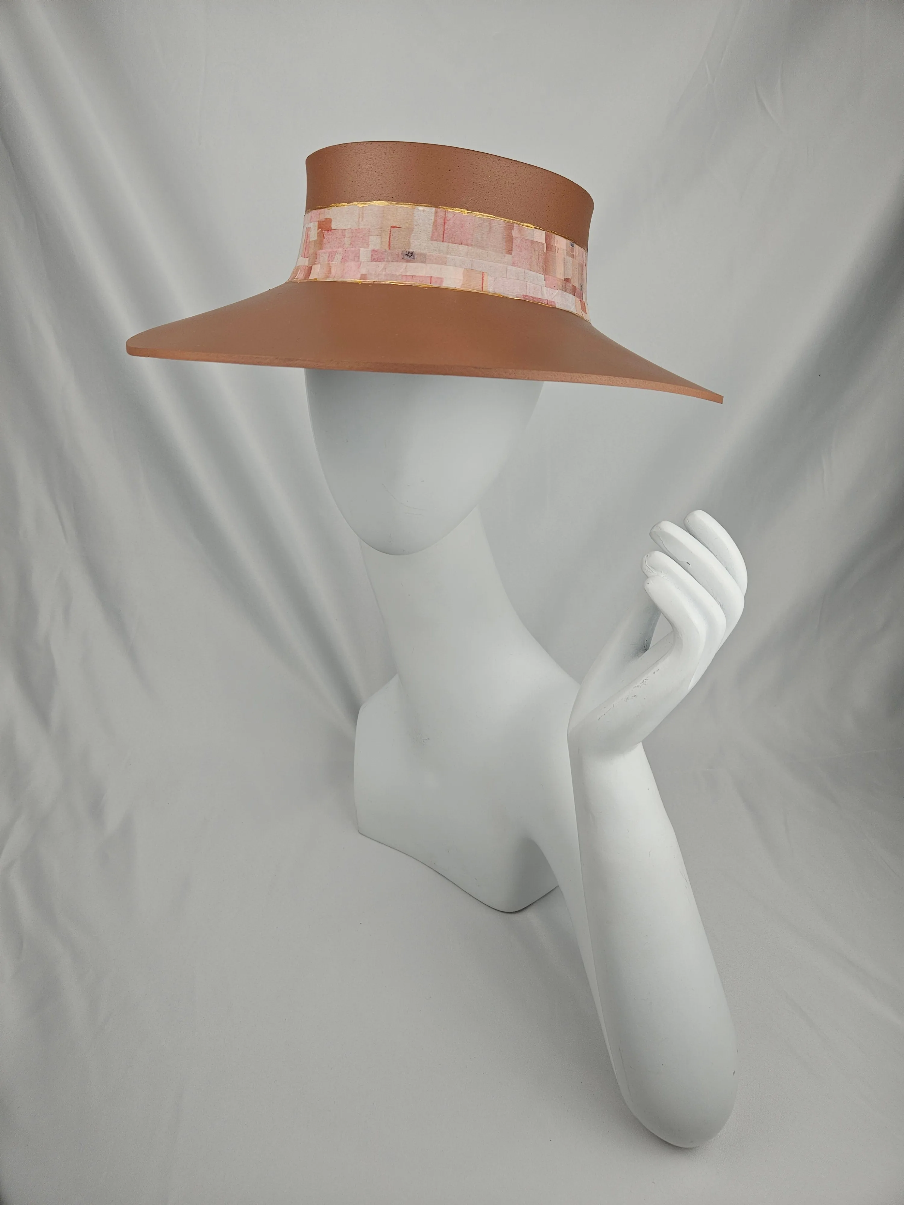 Tall Brown "LadyEVA" Visor Hat with Pale Pink Collage Style Band