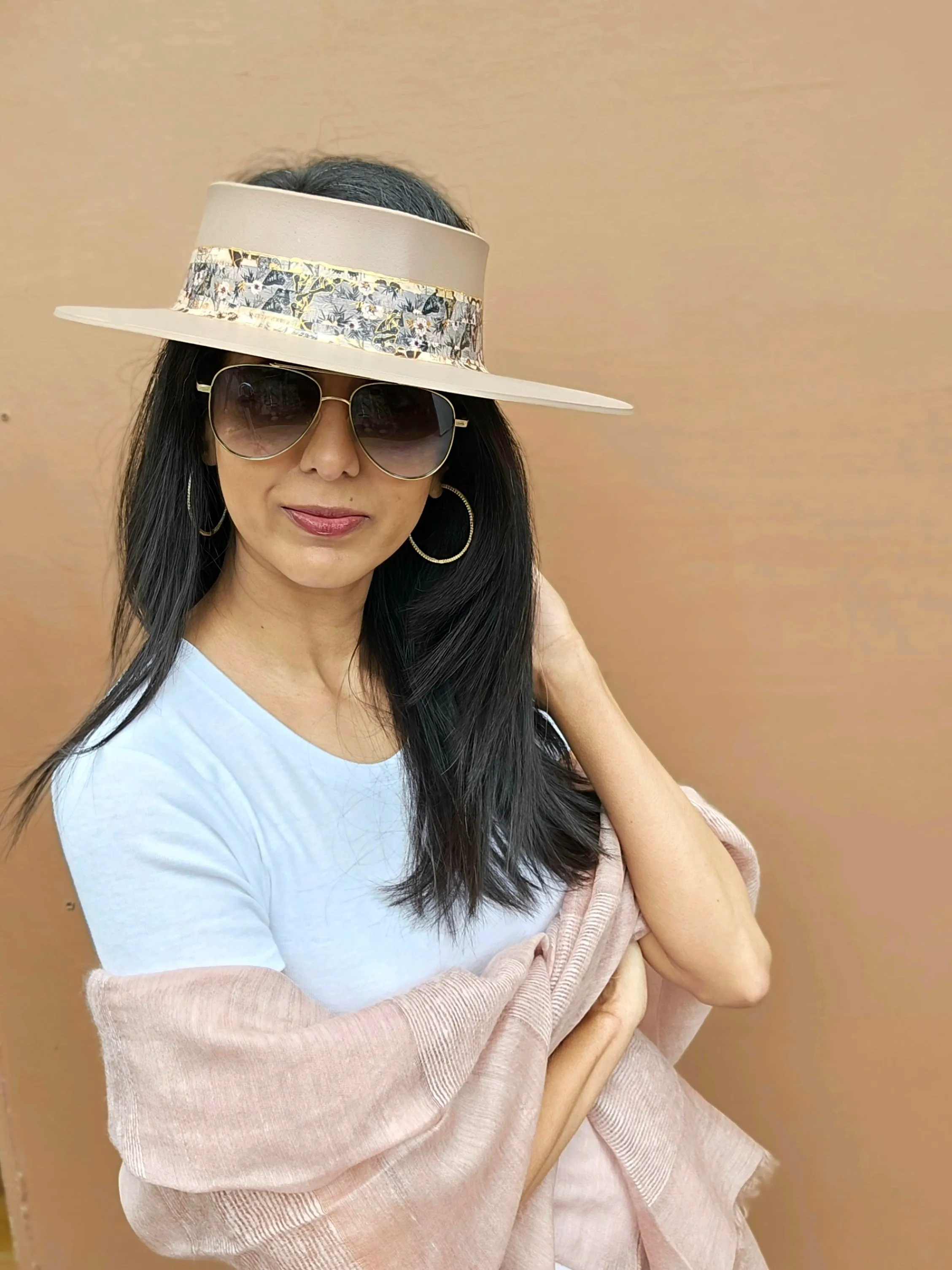 Tall Brown "LadyEVA" Visor Hat with Pink and Golden Floral Band