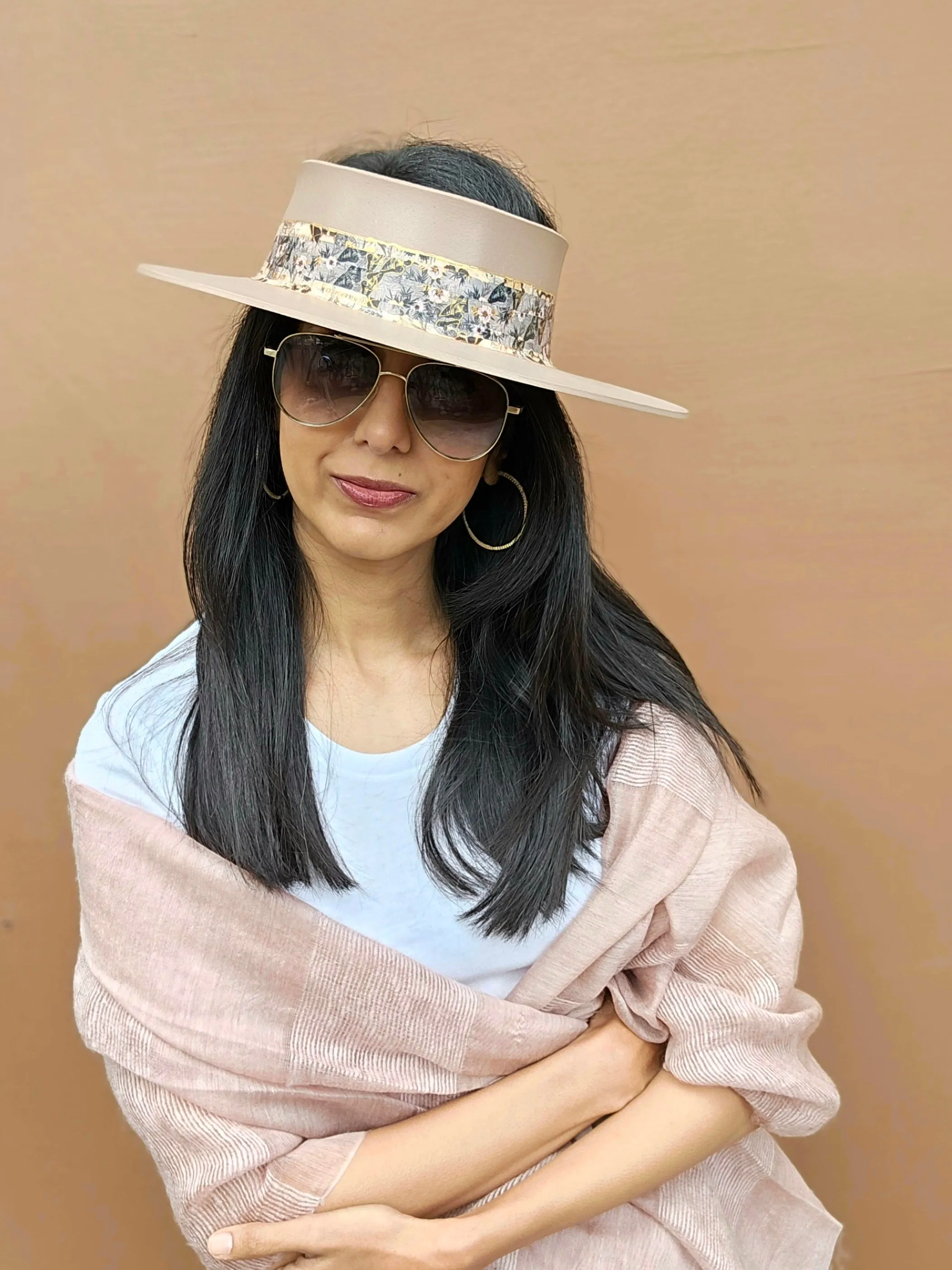 Tall Brown "LadyEVA" Visor Hat with Pink and Golden Floral Band