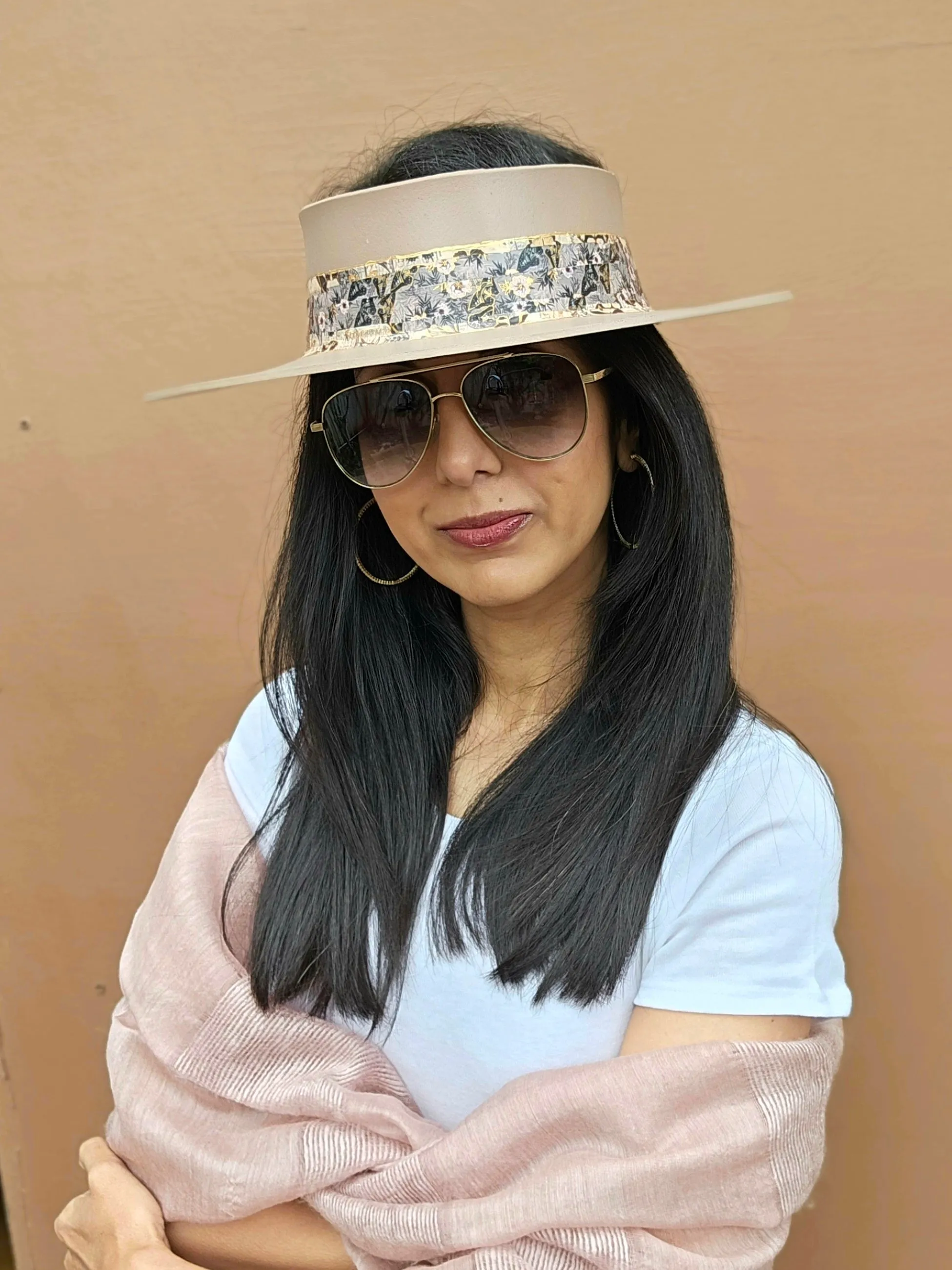 Tall Brown "LadyEVA" Visor Hat with Pink and Golden Floral Band