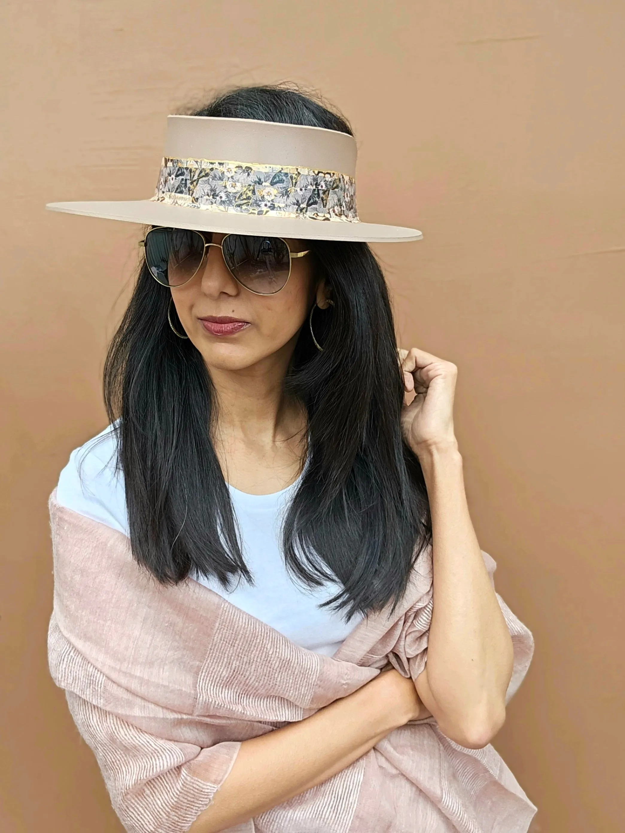 Tall Brown "LadyEVA" Visor Hat with Pink and Golden Floral Band