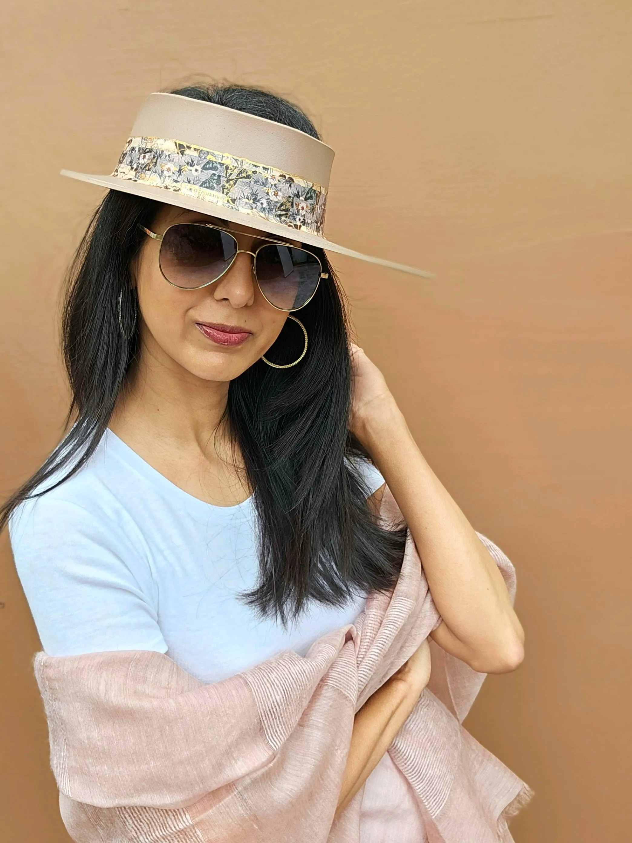 Tall Brown "LadyEVA" Visor Hat with Pink and Golden Floral Band