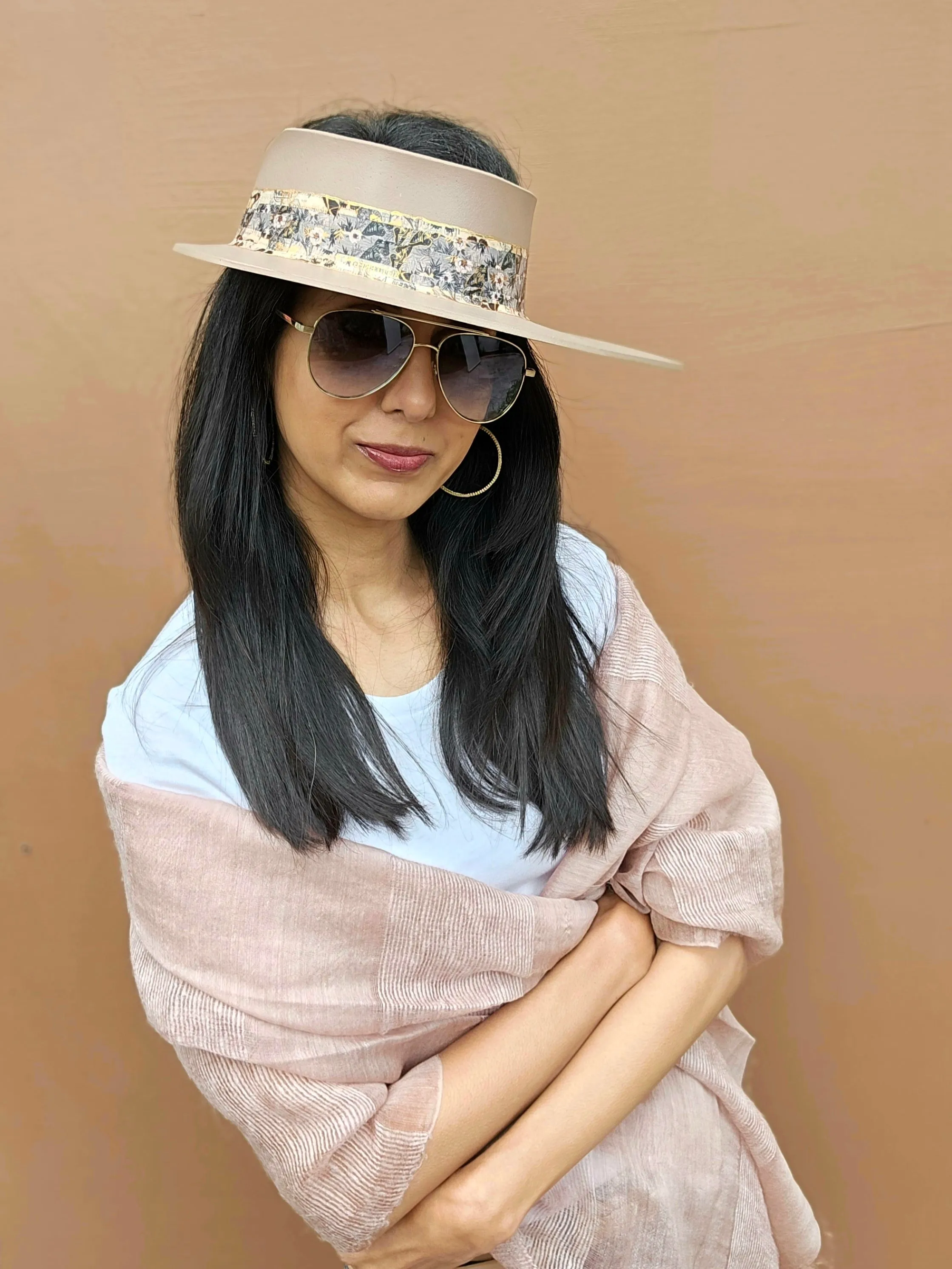 Tall Brown "LadyEVA" Visor Hat with Pink and Golden Floral Band