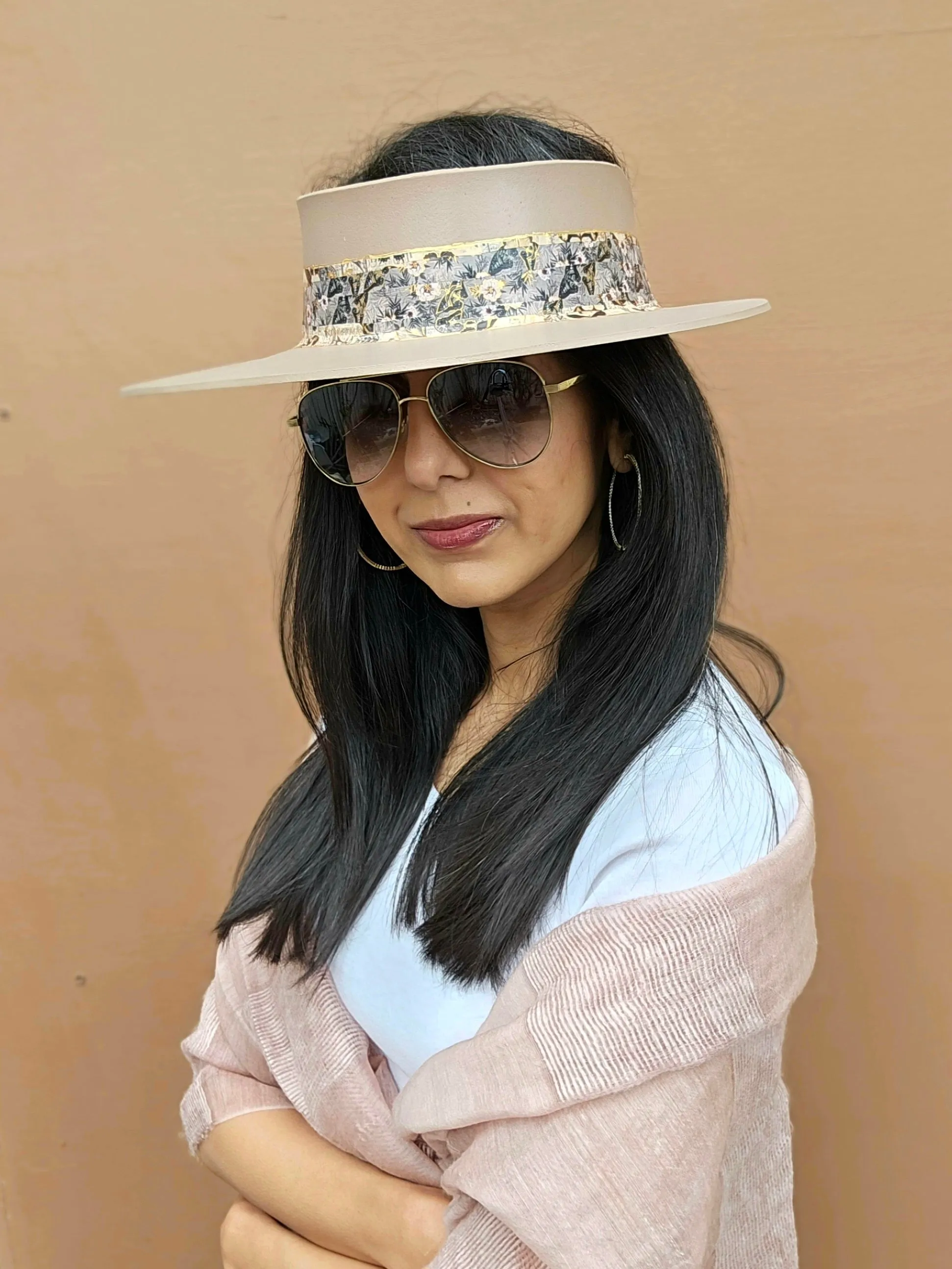 Tall Brown "LadyEVA" Visor Hat with Pink and Golden Floral Band