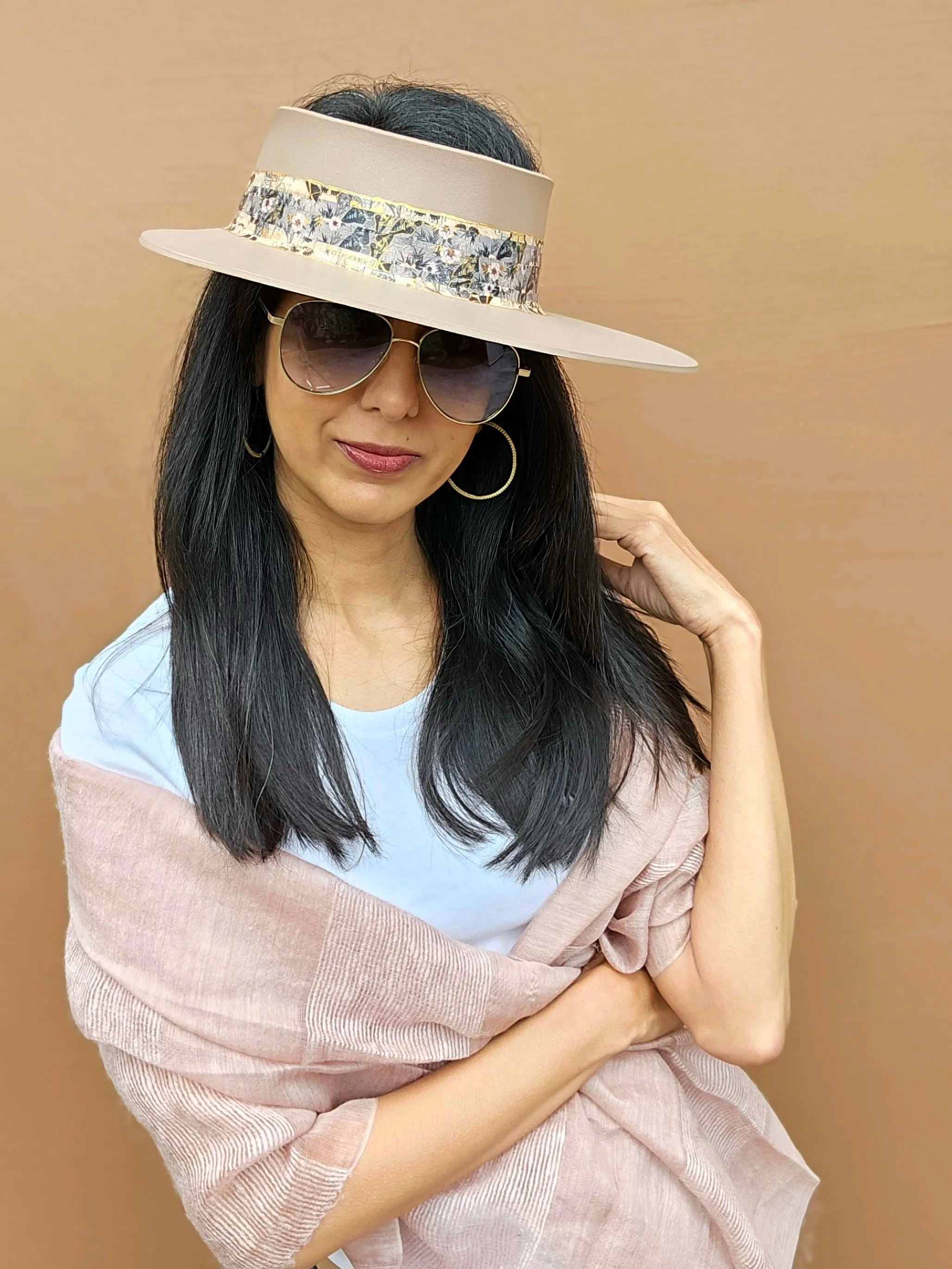 Tall Brown "LadyEVA" Visor Hat with Pink and Golden Floral Band