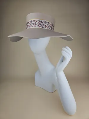 Tall Gray Beige Lotus Visor Hat with Multicolor Butterfly Band