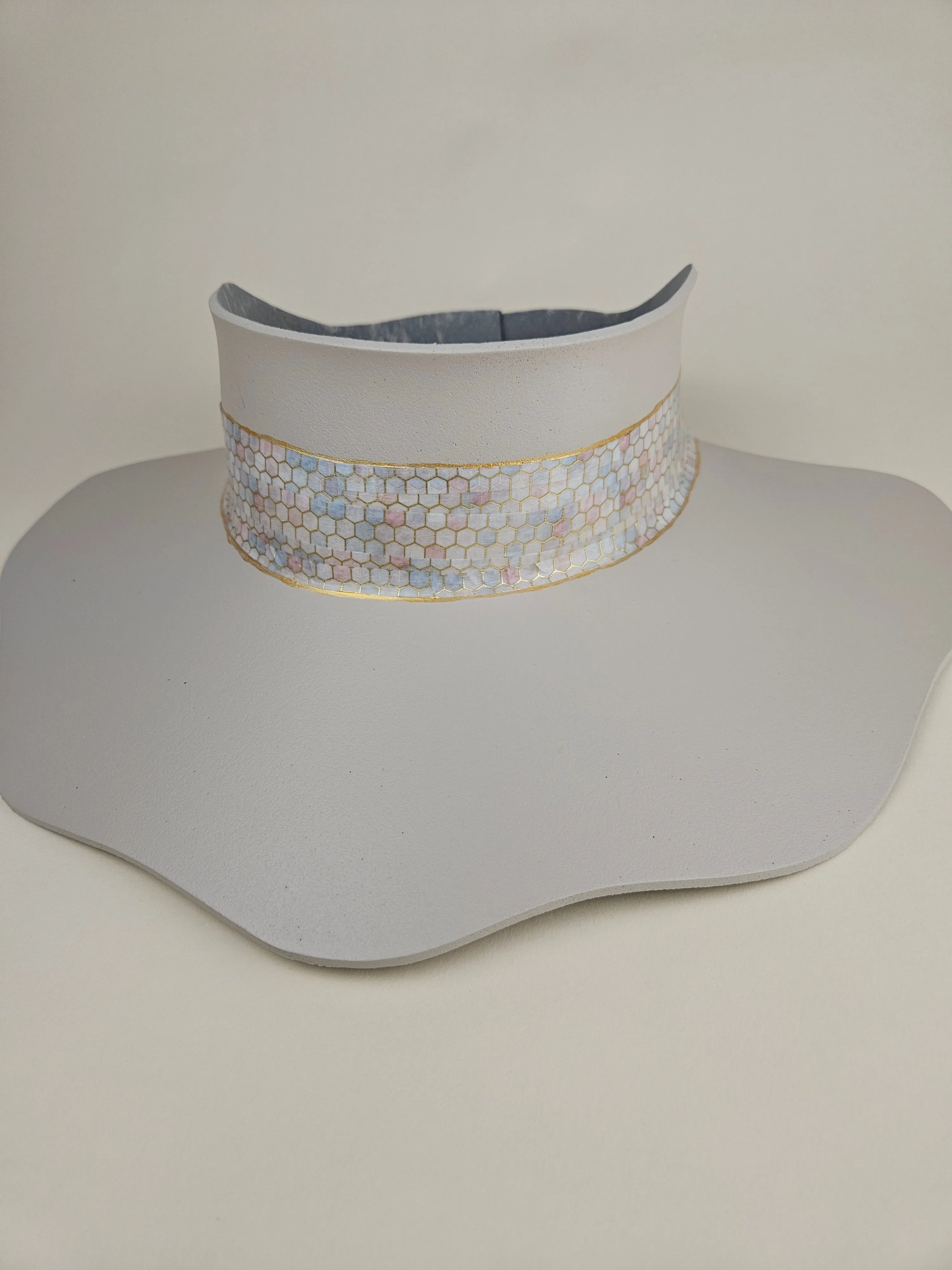 Tall Gray Beige Lotus Visor Hat with Pale Pink, Geometric Band