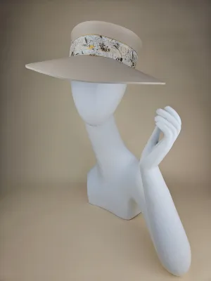 Tall Gray Beige "LadyEVA" Visor Hat with White and Gold, Floral Band