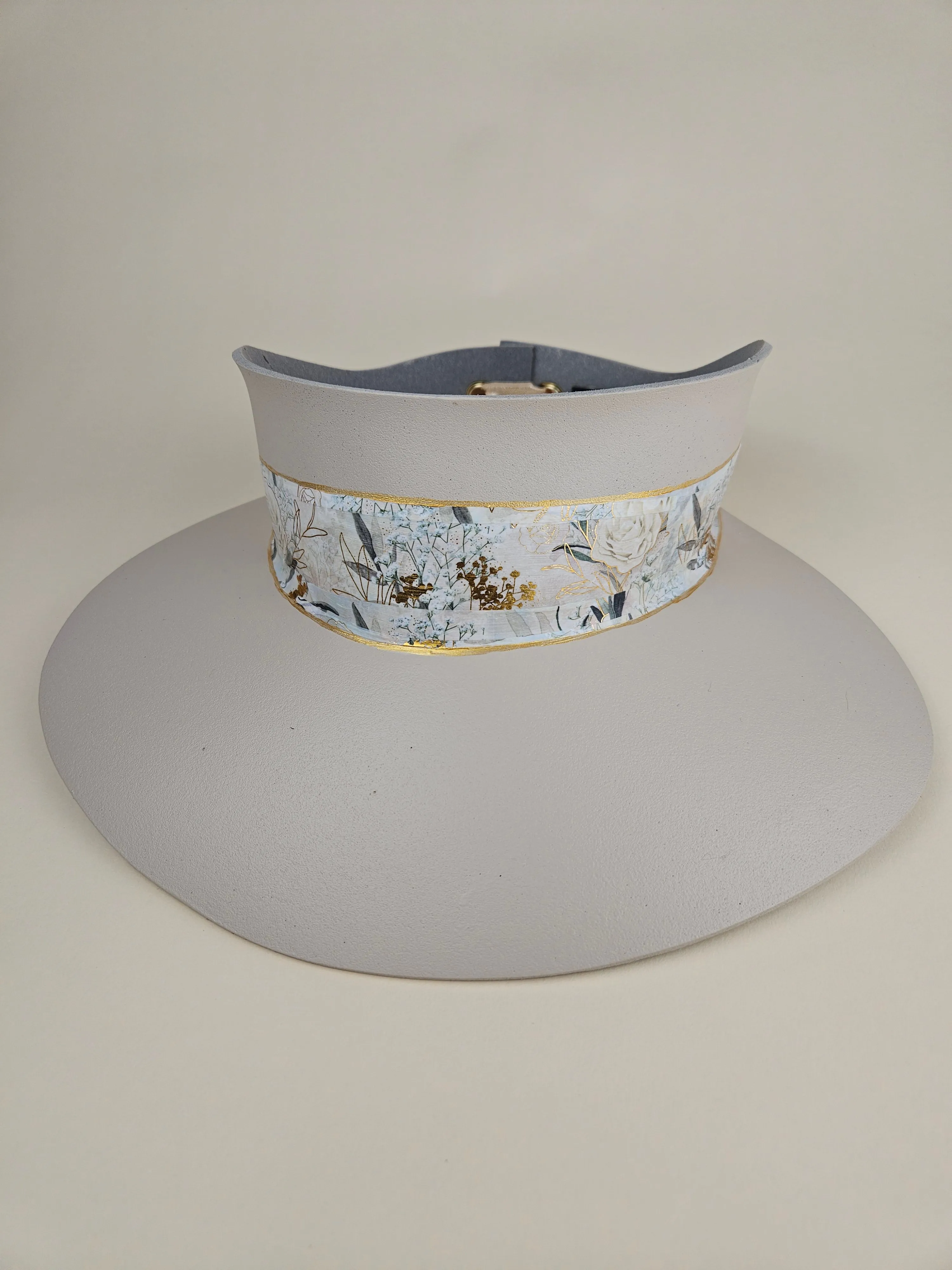 Tall Gray Beige "LadyEVA" Visor Hat with White and Gold, Floral Band