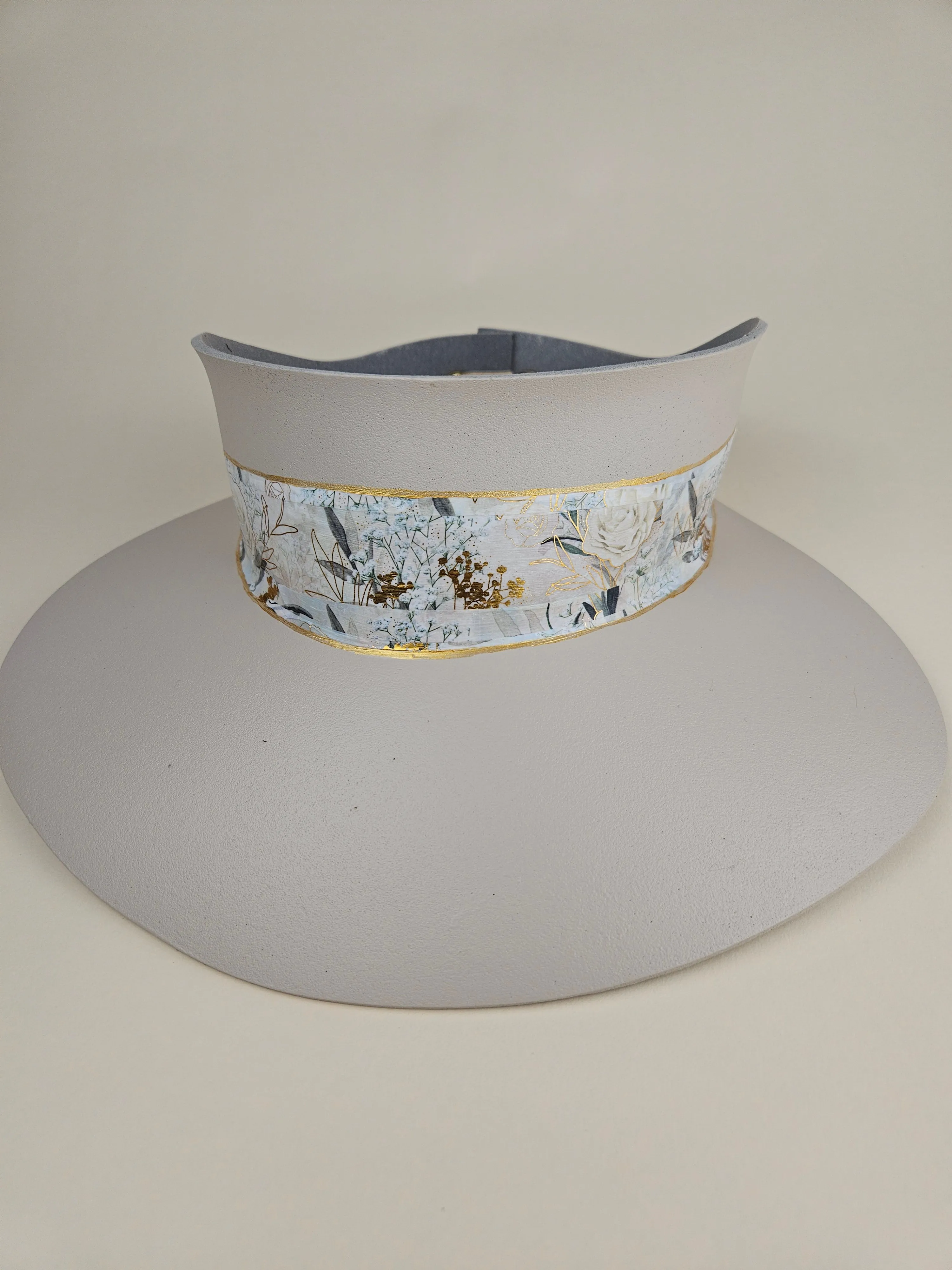 Tall Gray Beige "LadyEVA" Visor Hat with White and Gold, Floral Band