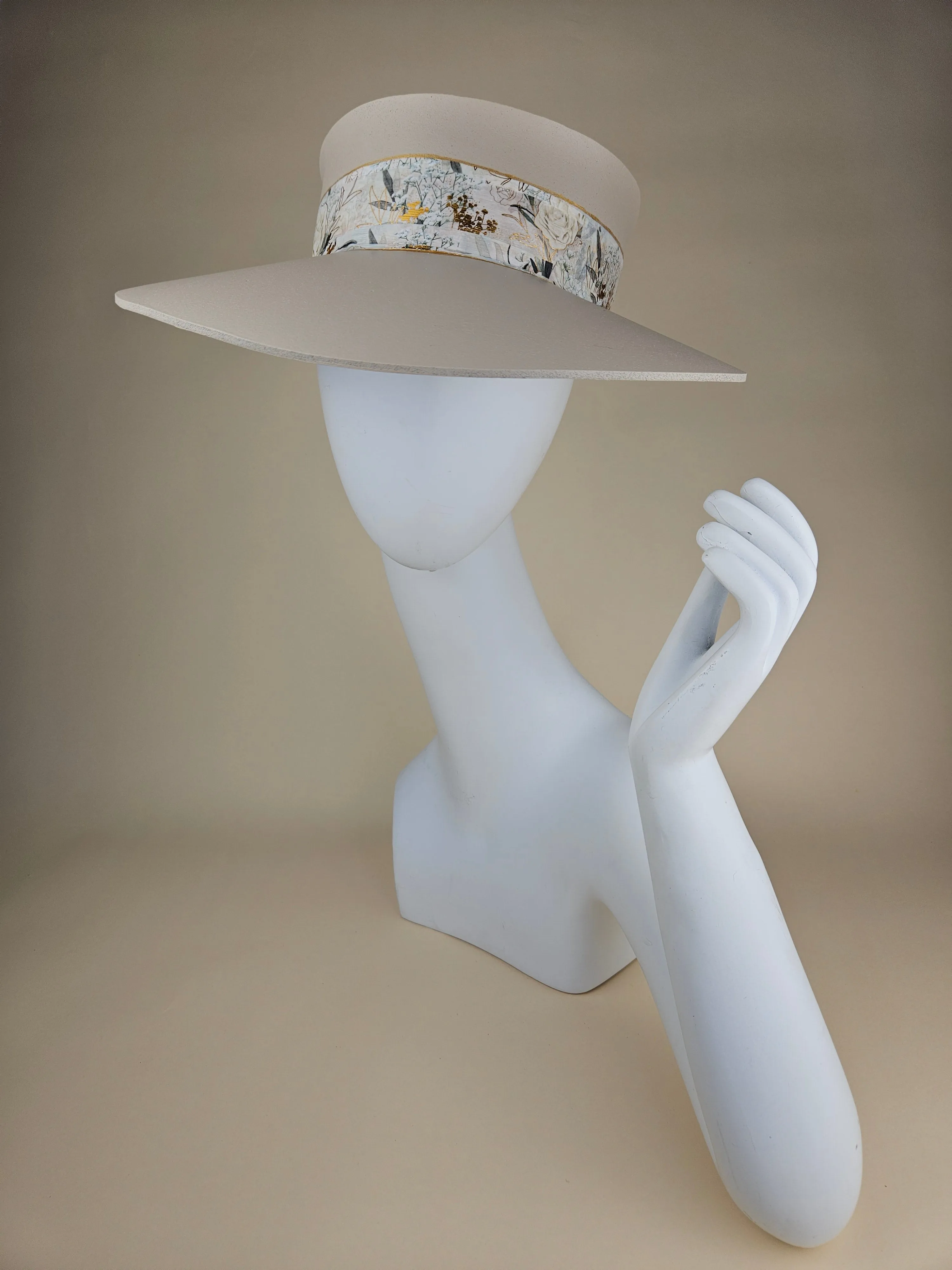 Tall Gray Beige "LadyEVA" Visor Hat with White and Gold, Floral Band