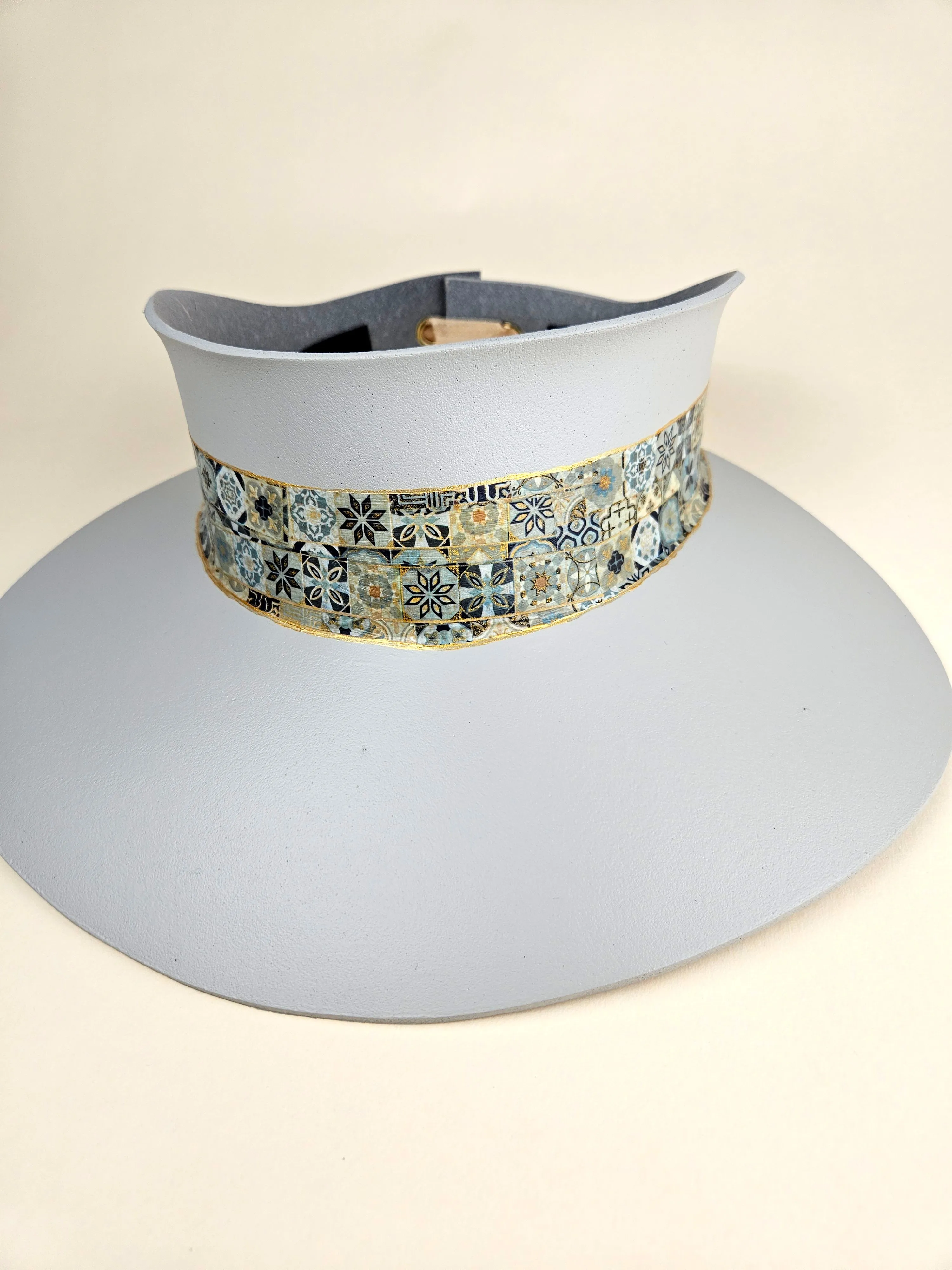 Tall Gray "LadyEVA" Visor Hat with Blue and Gold Geometric Band