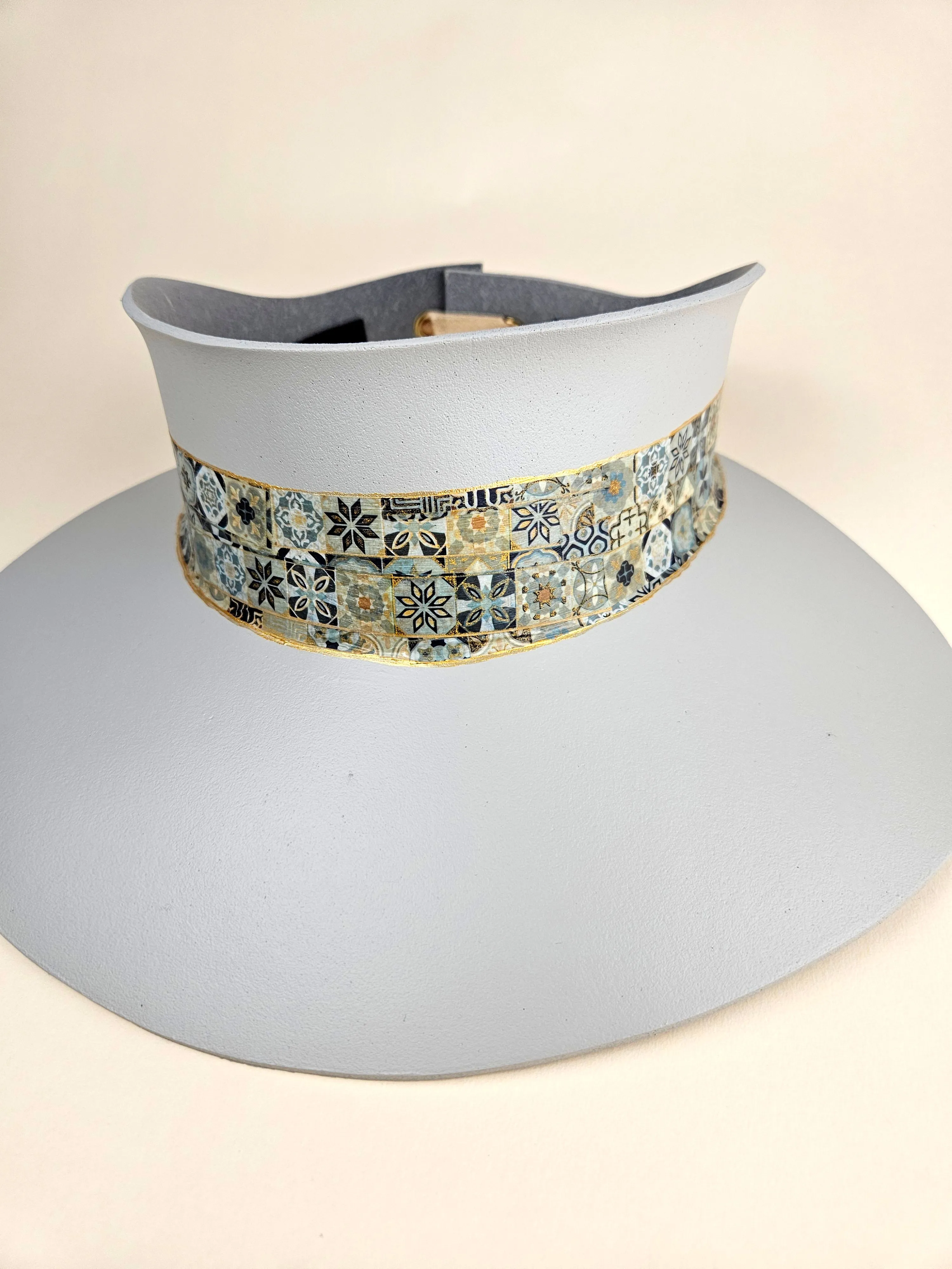 Tall Gray "LadyEVA" Visor Hat with Blue and Gold Geometric Band