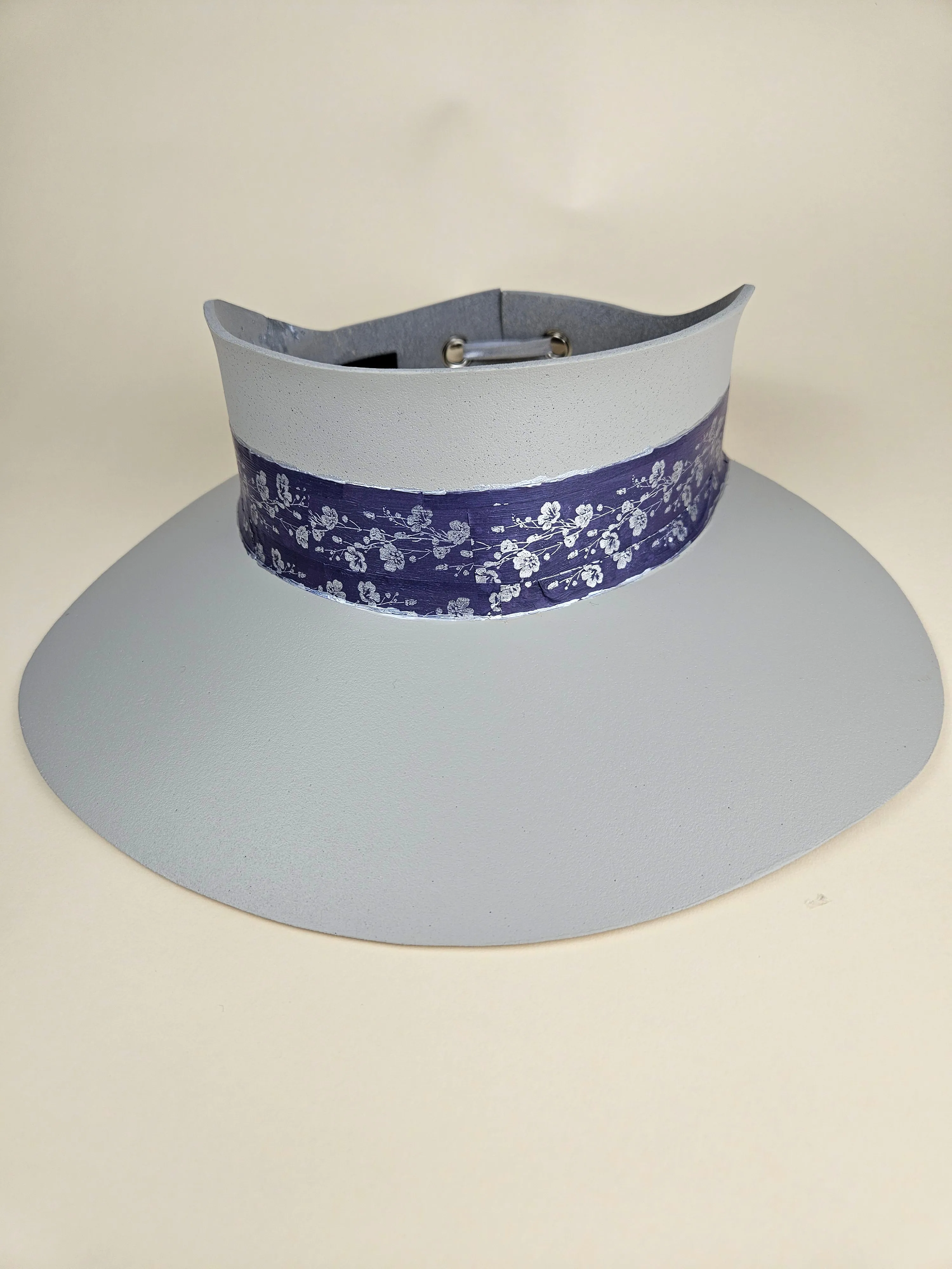 Tall Gray "LadyEVA" Visor Hat with Blue Purple and Silver Floral Band