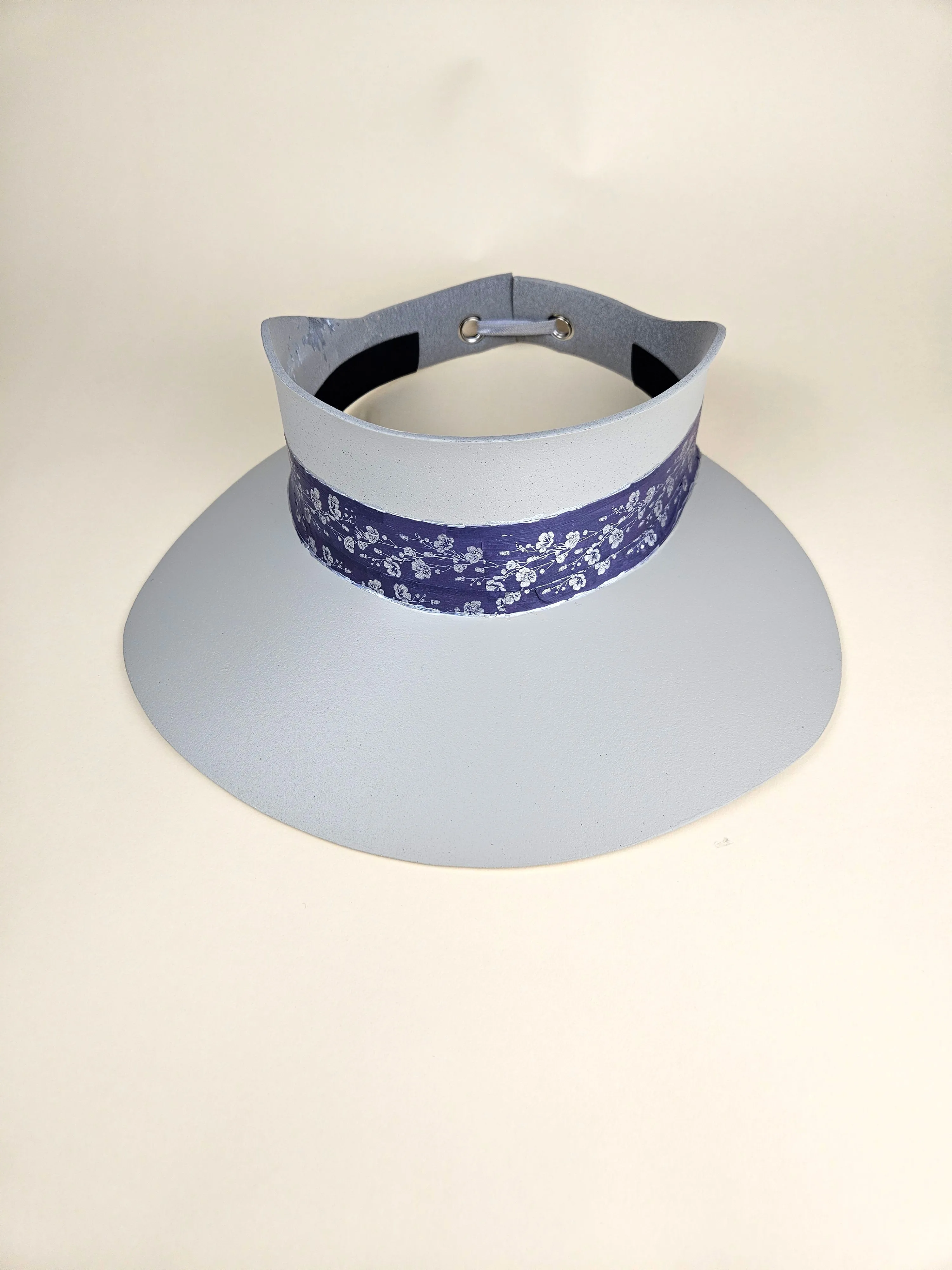 Tall Gray "LadyEVA" Visor Hat with Blue Purple and Silver Floral Band