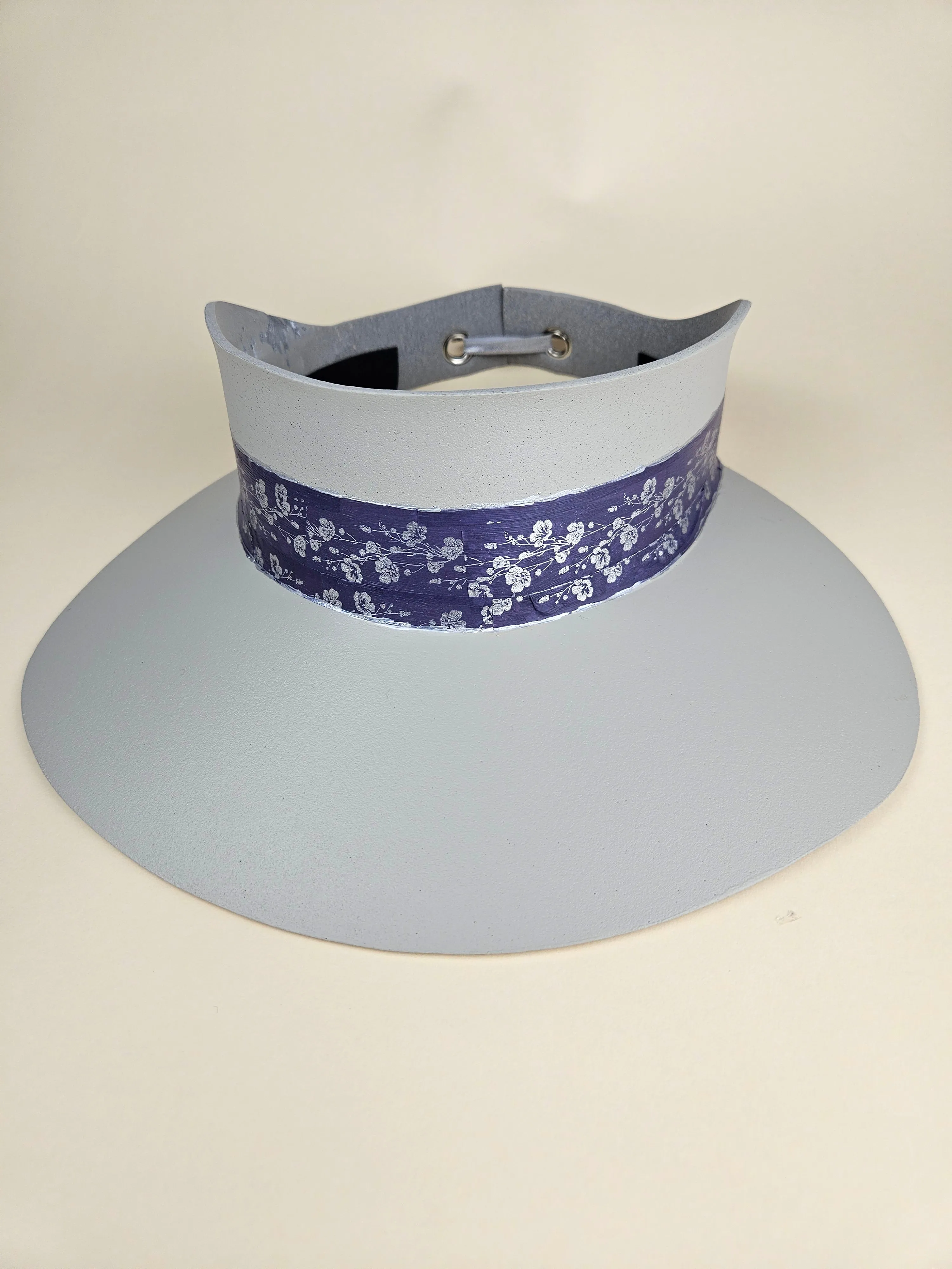 Tall Gray "LadyEVA" Visor Hat with Blue Purple and Silver Floral Band