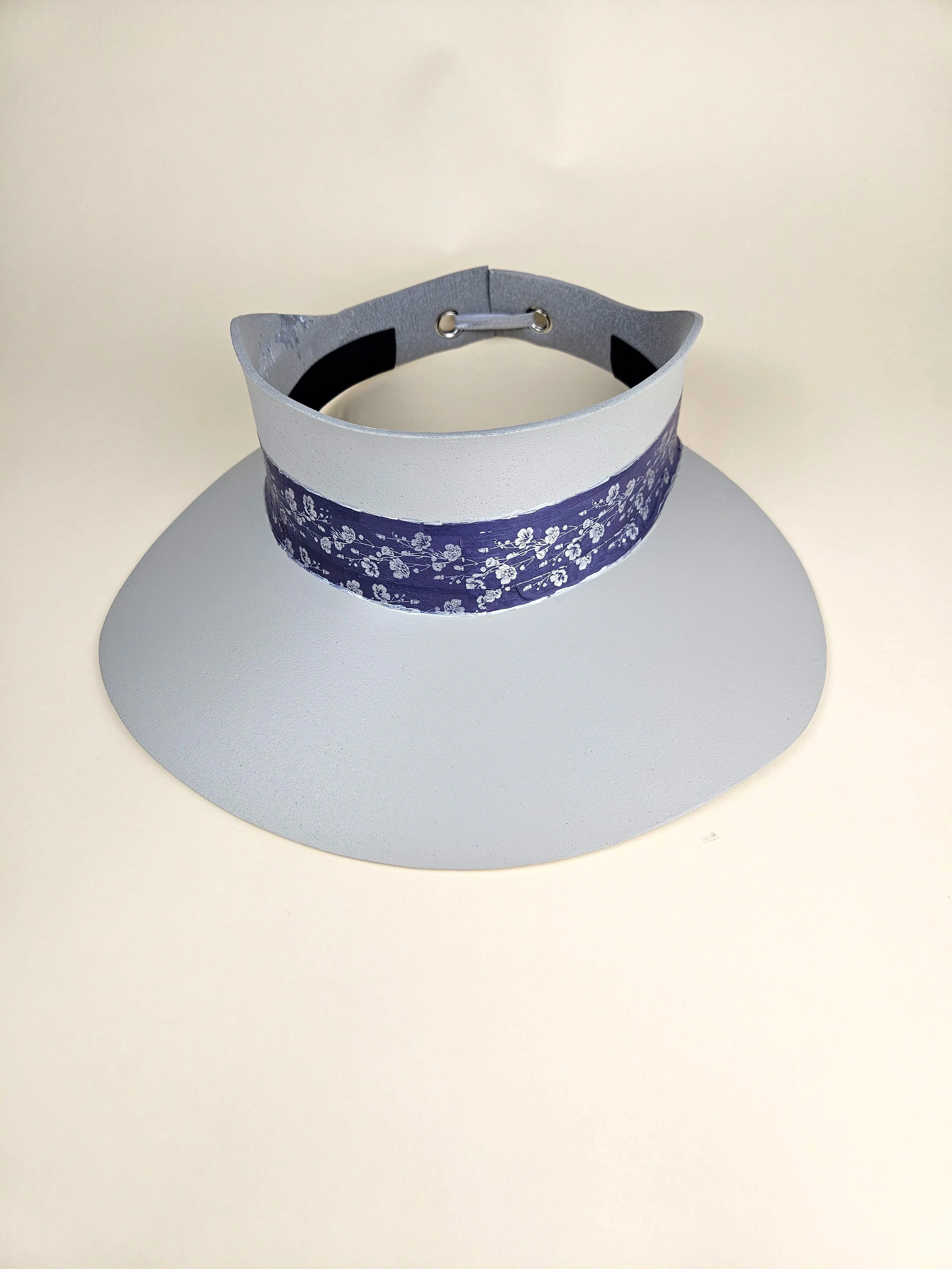 Tall Gray "LadyEVA" Visor Hat with Blue Purple and Silver Floral Band